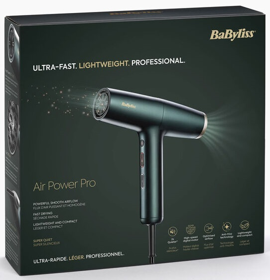 Turkusowa suszarka do włosów Babyliss w pudełku z tekstem, podkreślającym funkcje.