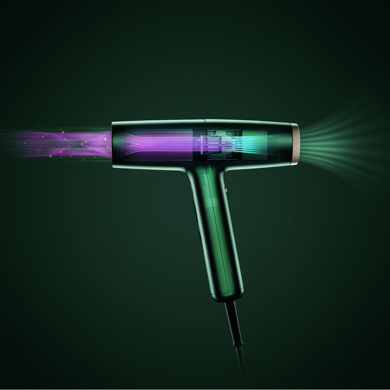 Suszarka do włosów z przezroczystymi sekcjami pokazującymi elementy wewnętrzne i przepływ powietrza, zielony uchwyt, ciemne tło.