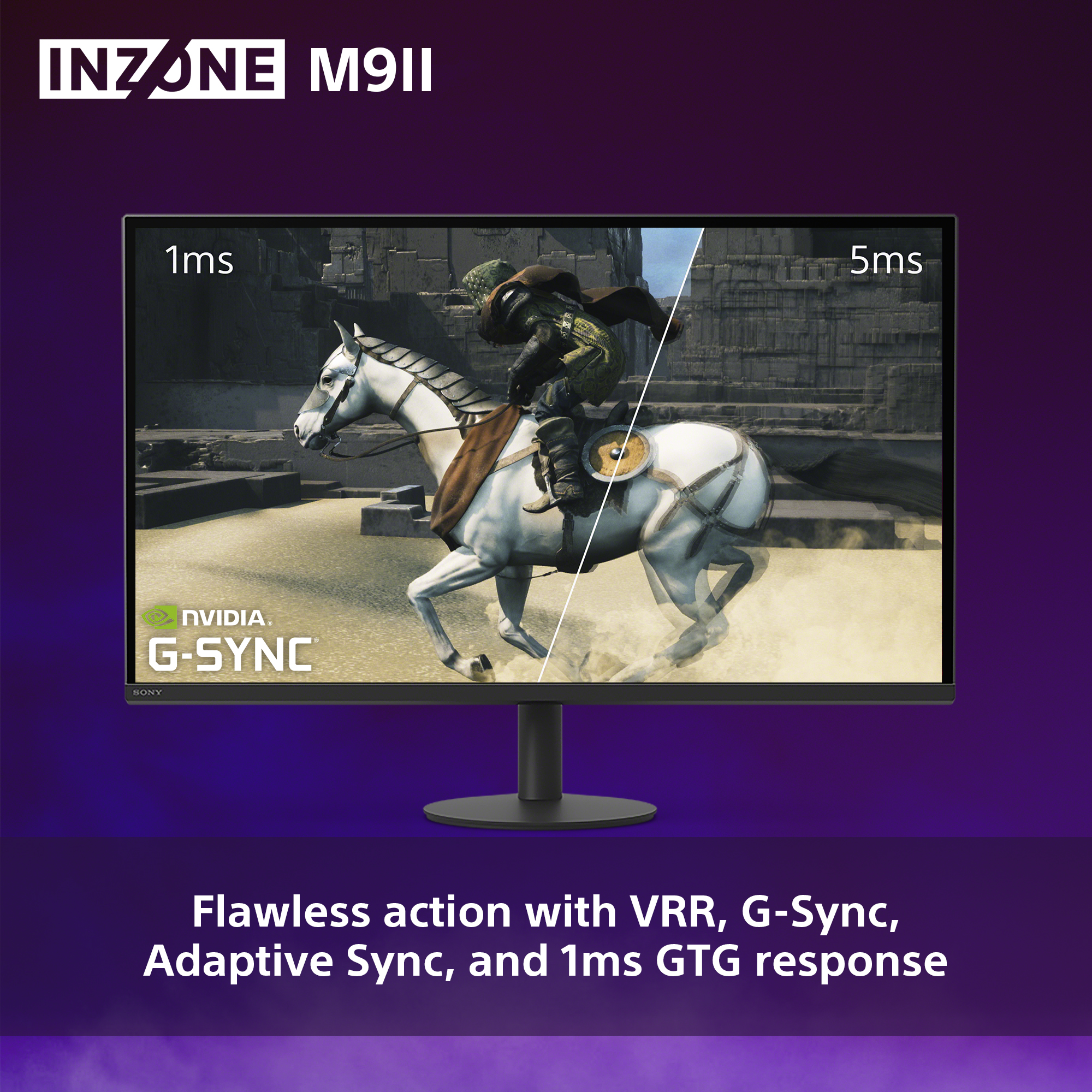 Un monitor che mostra una scena di gioco, con testo che indica tempi di risposta di 1 ms e 5 ms.