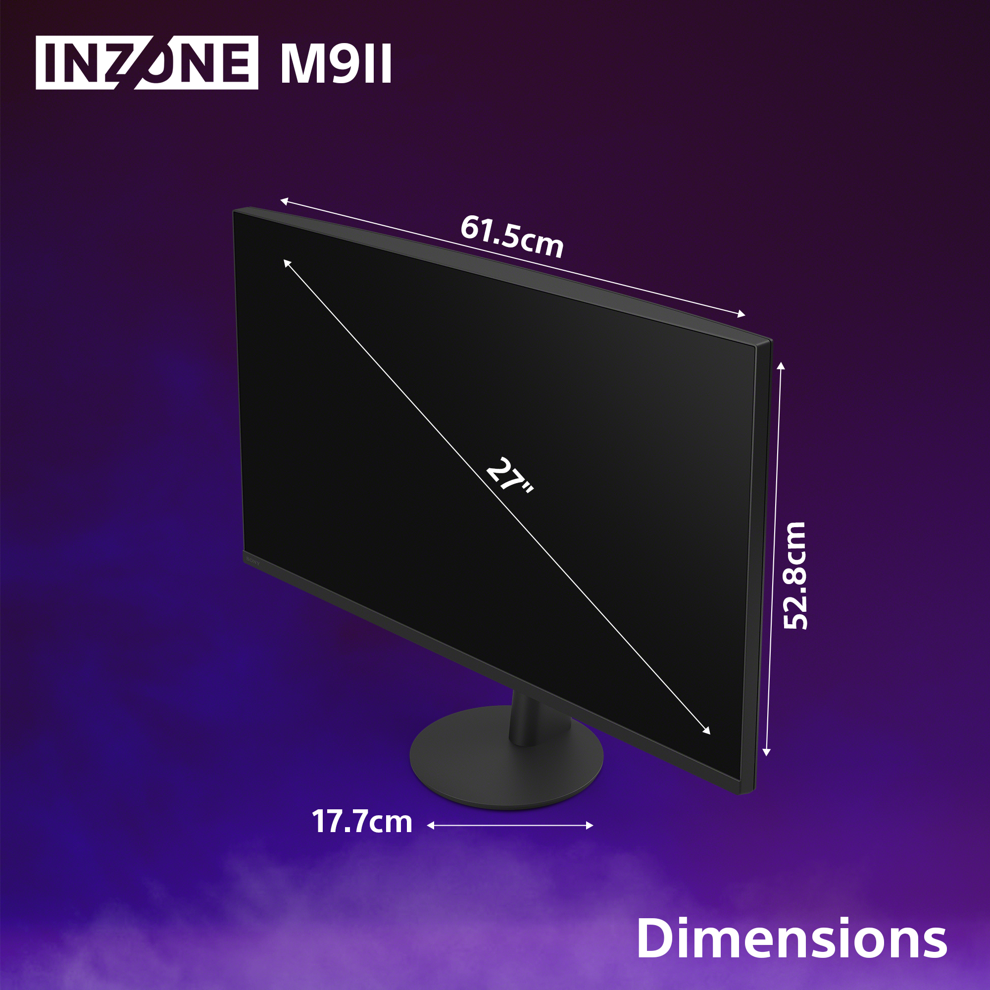 Monitor nero con dimensioni: 61,5 cm larghezza, 52,8 cm altezza, e base 17,7 cm.