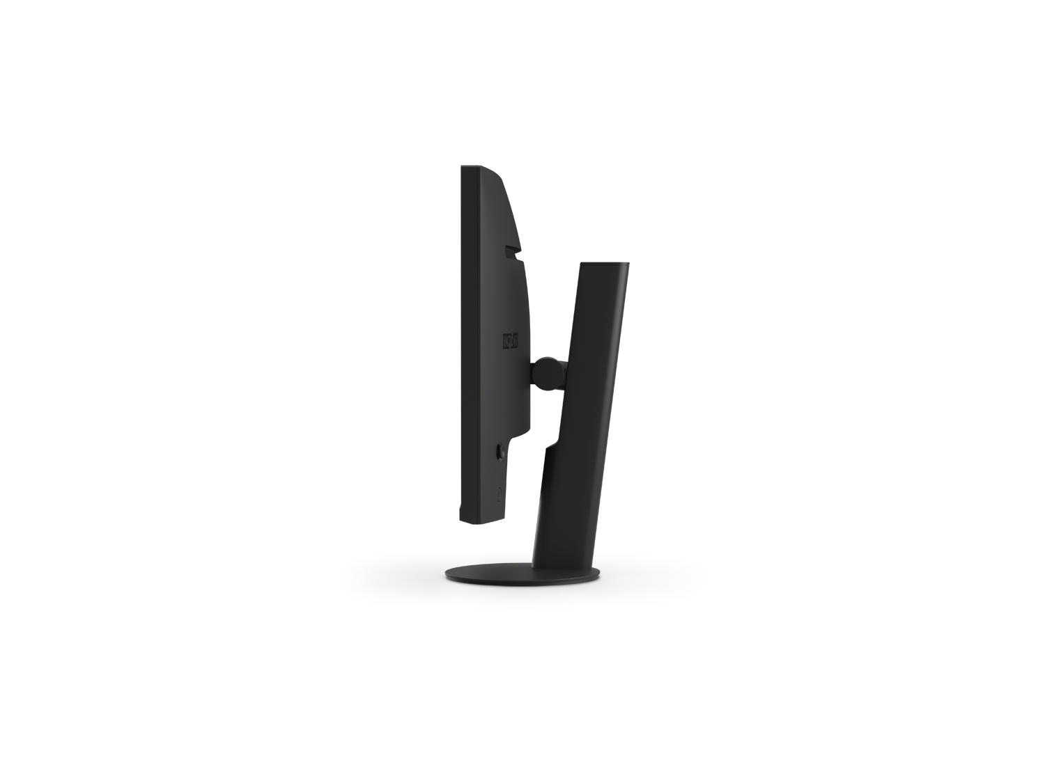 Monitor del computer nero di lato, su sfondo bianco, il monitor è nero.