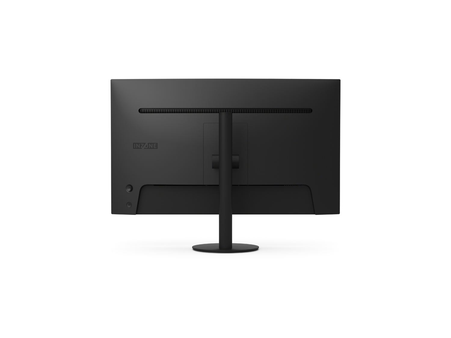 Monitor del computer nero, vista posteriore. Con supporto e logo Inzone.