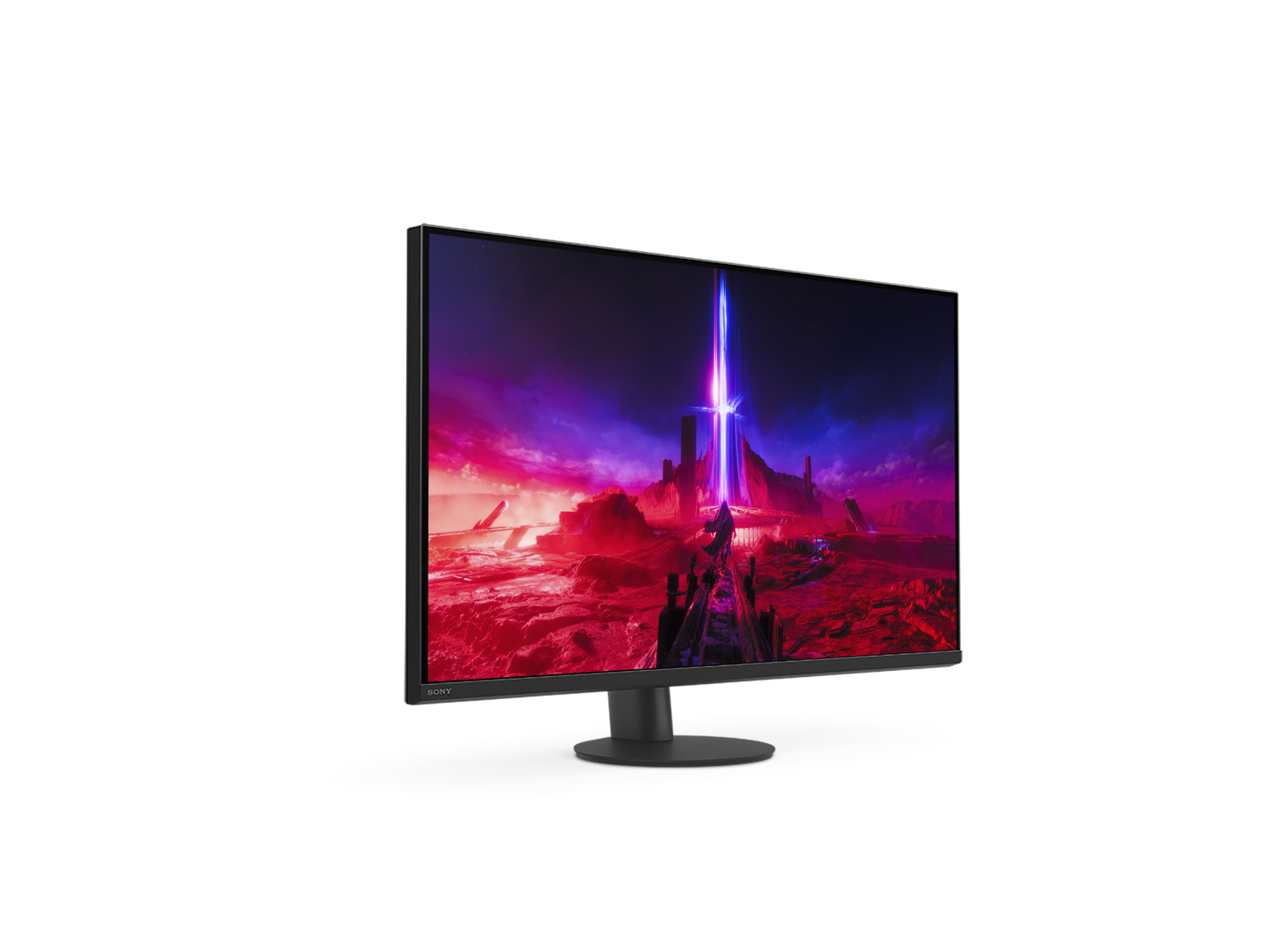Un monitor che mostra una scena di fantascienza rossa e viola. Il monitor è nero con un supporto nero.