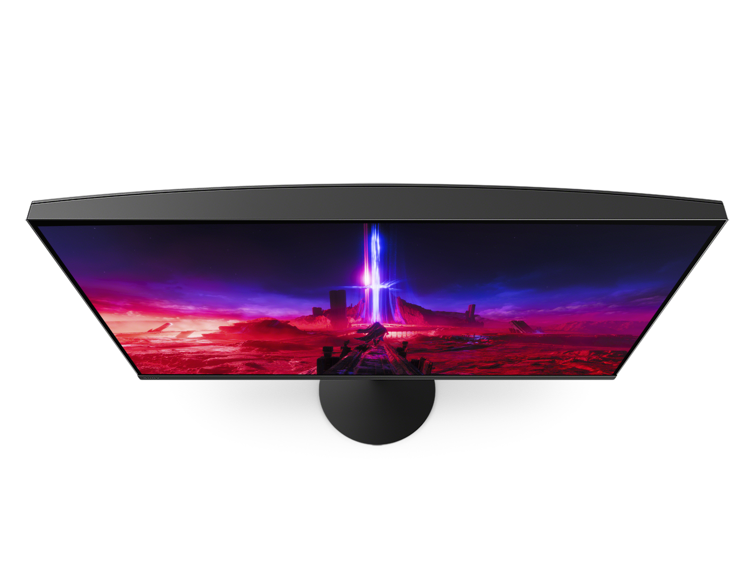 Vista dall'alto di un monitor nero che mostra un paesaggio colorato con un fascio luminoso.