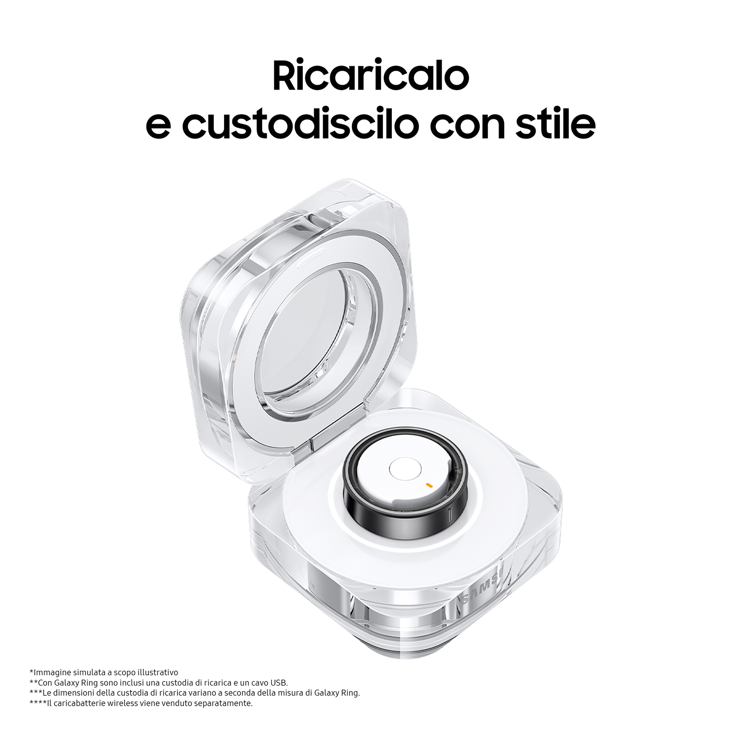 Custodia di ricarica trasparente con dispositivo nero. Testo: Ricarica e custodisci con stile.