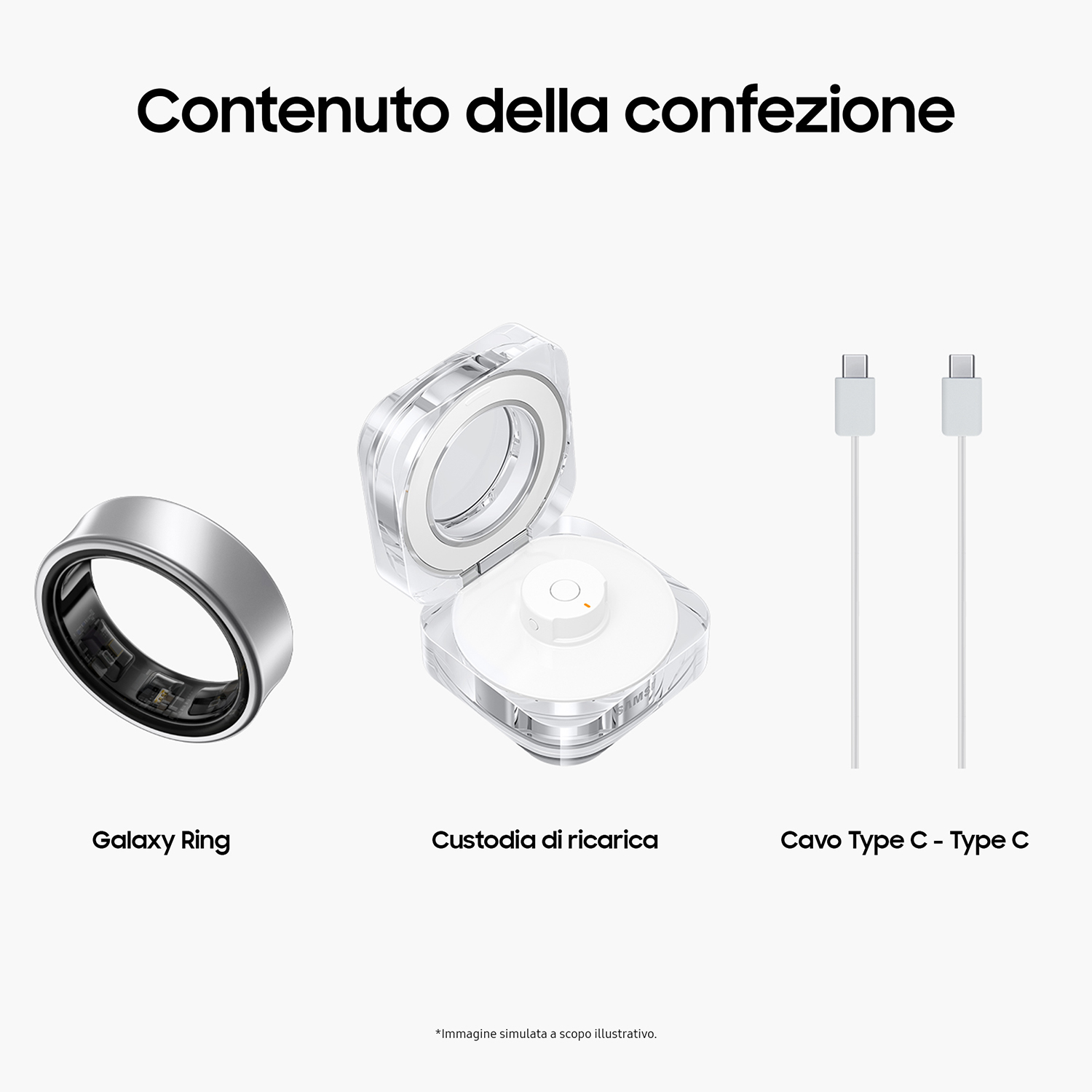 Un anello, una custodia di ricarica e un cavo USB-C vengono visualizzati.