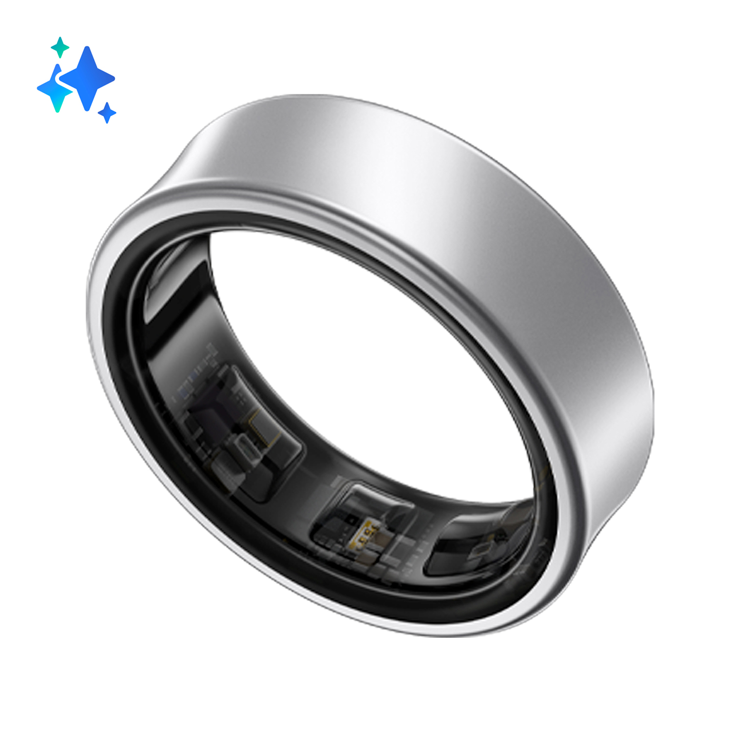 Anello intelligente argentato con componenti interni visibili. L'anello è circolare ed elegante.