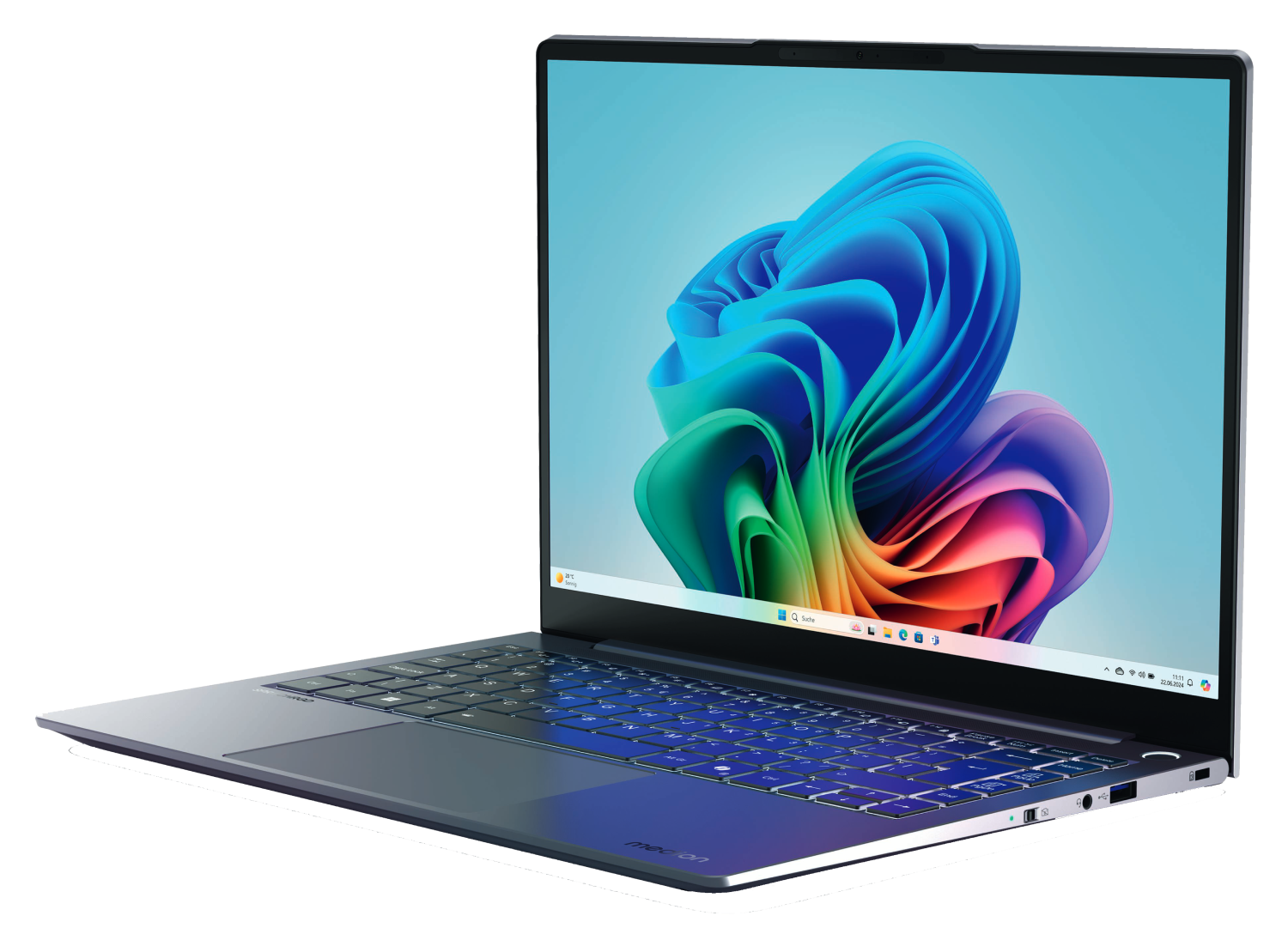 Ordenador portátil abierto, mostrando arte abstracto colorido en la pantalla. Teclado visible.