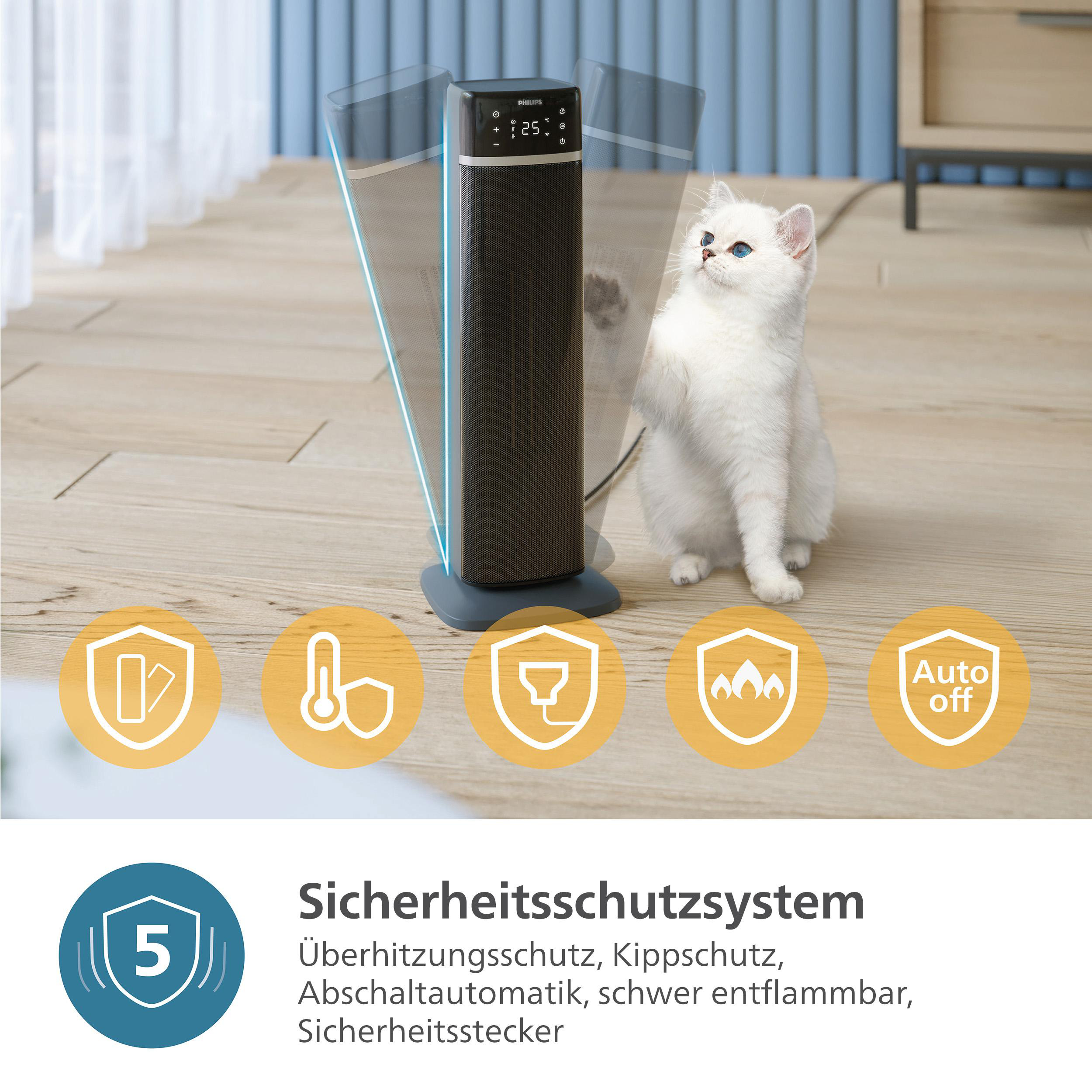 Schwarze Heizung mit weißer Katze. Symbole für Sicherheitsmerkmale unten. Text: Sicherheits-Schutzsystem.