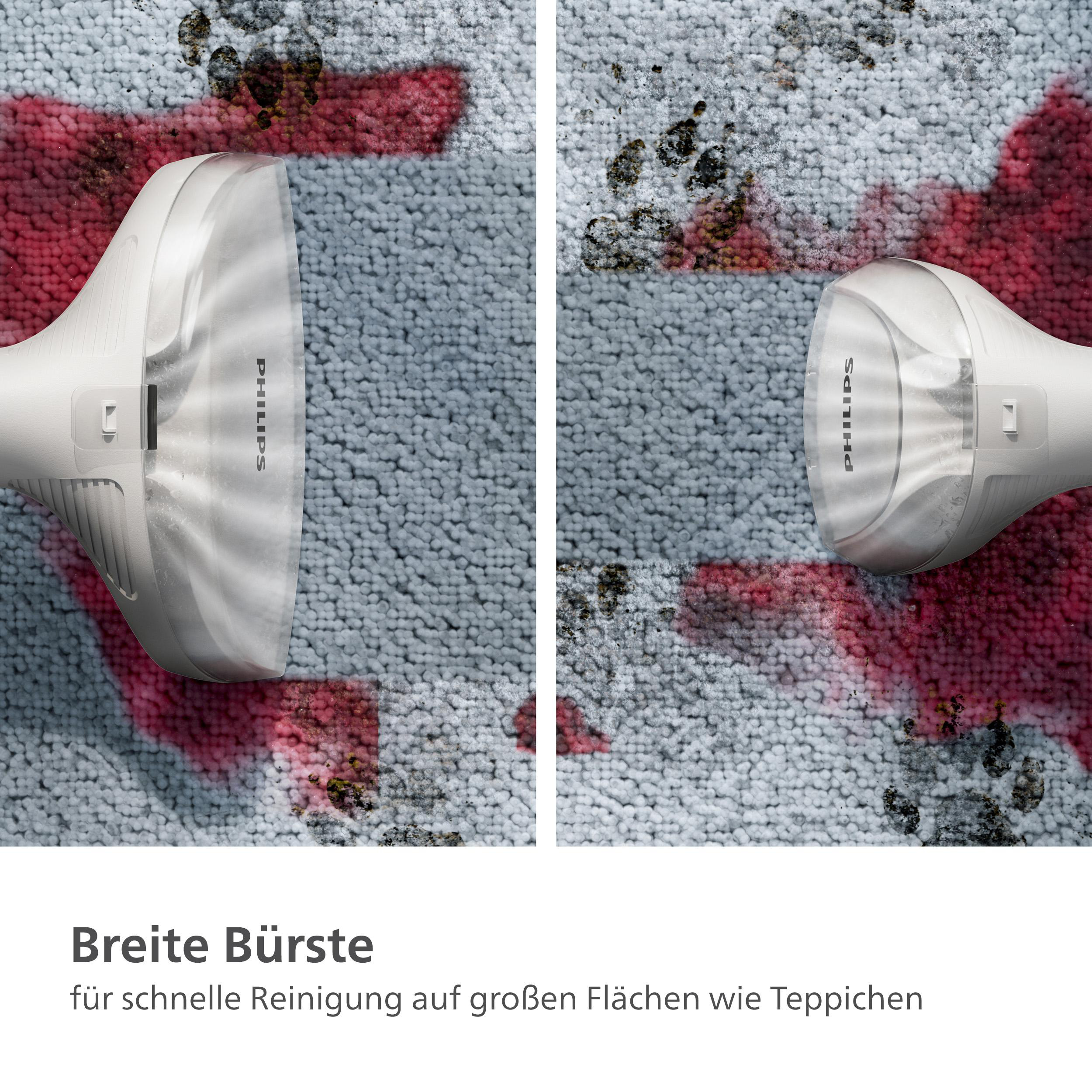 Staubsaugerkopf reinigt Teppich, Vorher-Nachher-Effekt zeigend.