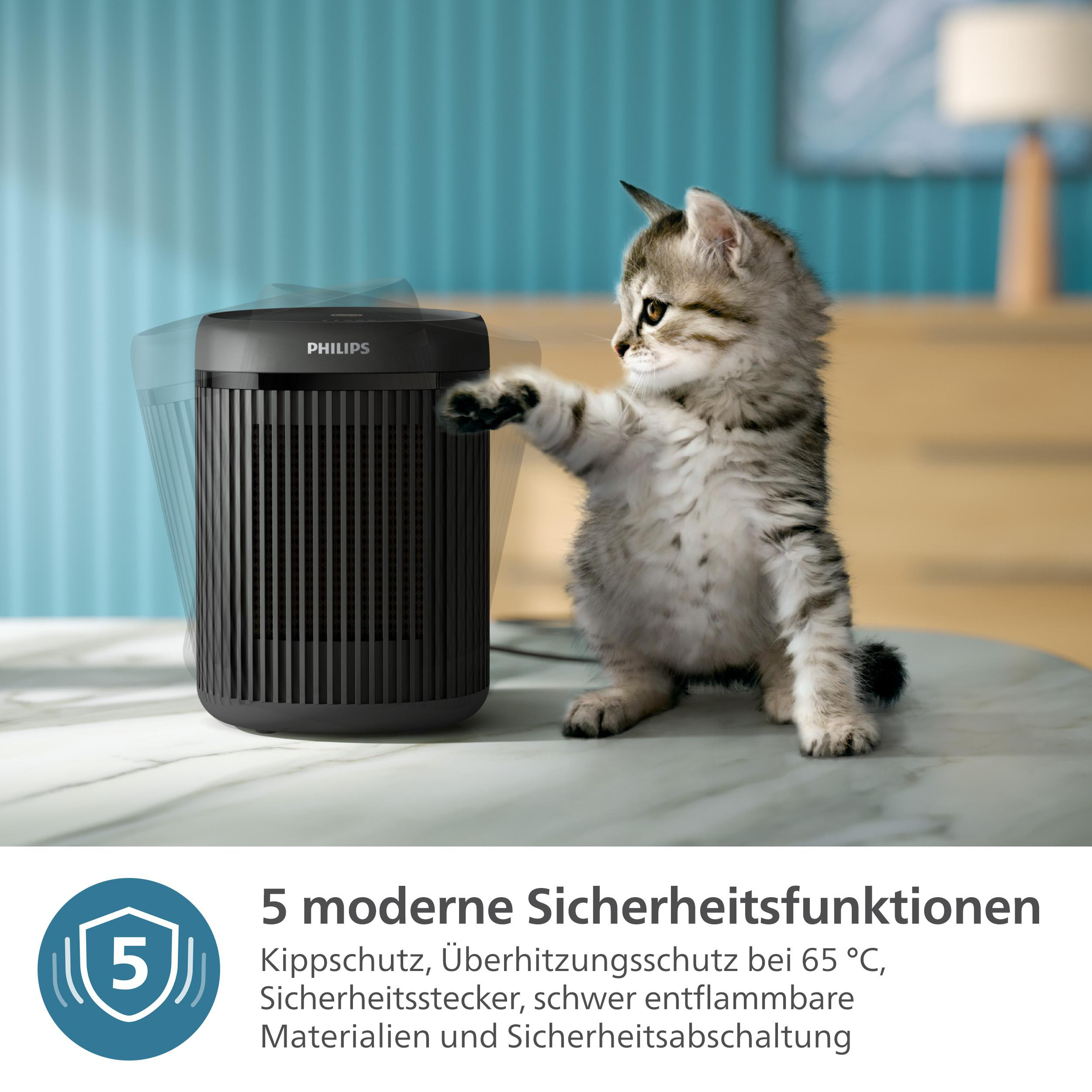 Eine Katze greift nach einem Philips Luftreiniger. Text erklärt 5 moderne Sicherheitsmerkmale.