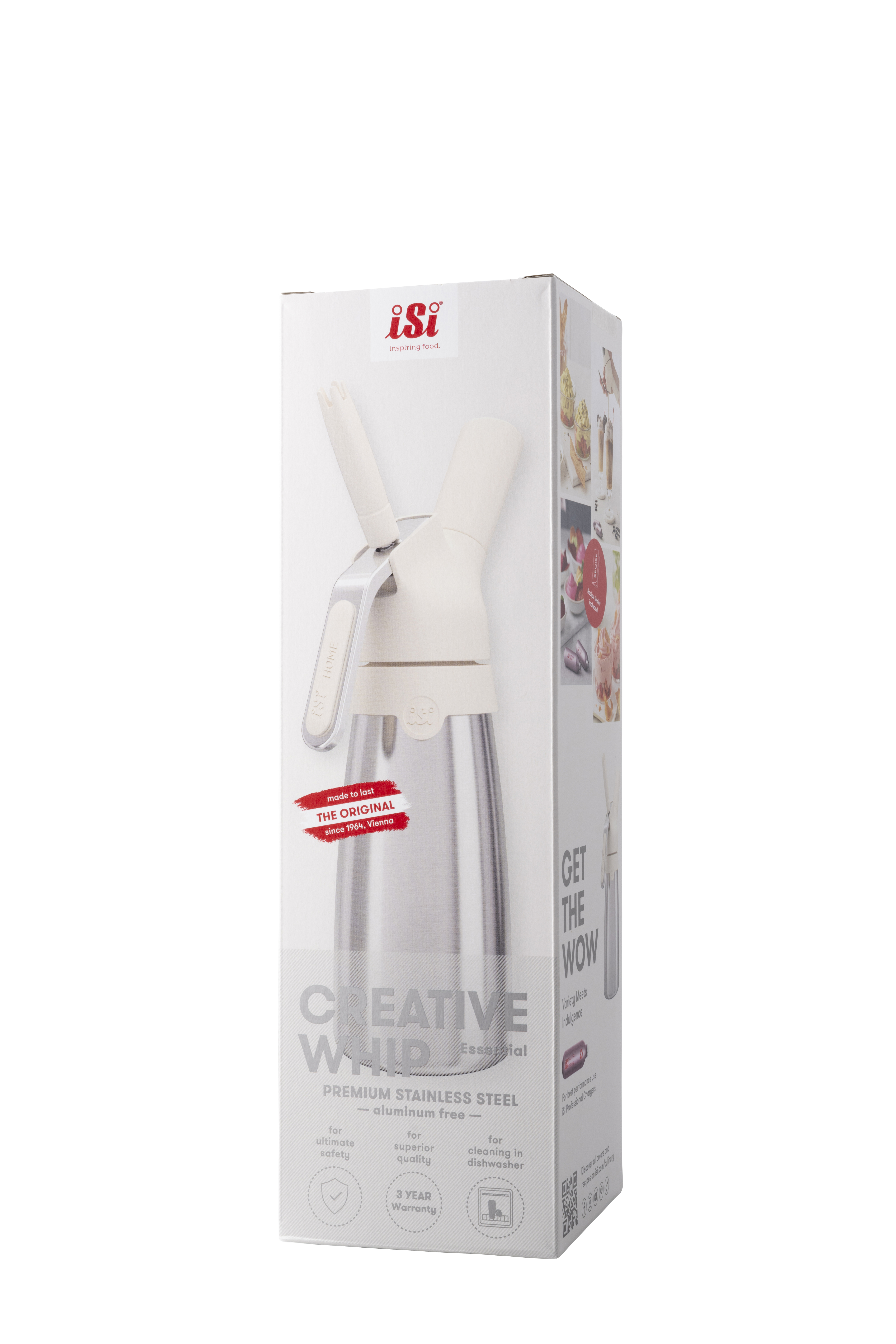 Ein Sahnespender in einer Schachtel, mit dem iSi-Logo und den Worten Creative Whip.