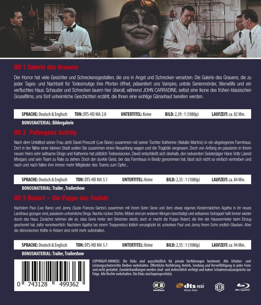 Filmplakat mit Horror-Motiv. Ein Mann mit groteskem Gesicht ist die zentrale Figur, umgeben von anderen Personen.