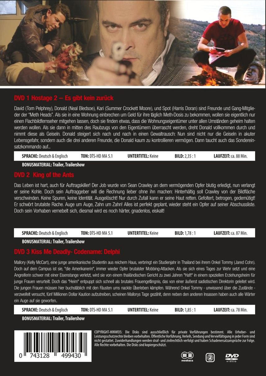 DVD-Cover mit drei Filmcovern. Text auf Deutsch. Männer mit Waffen, Mann liest.