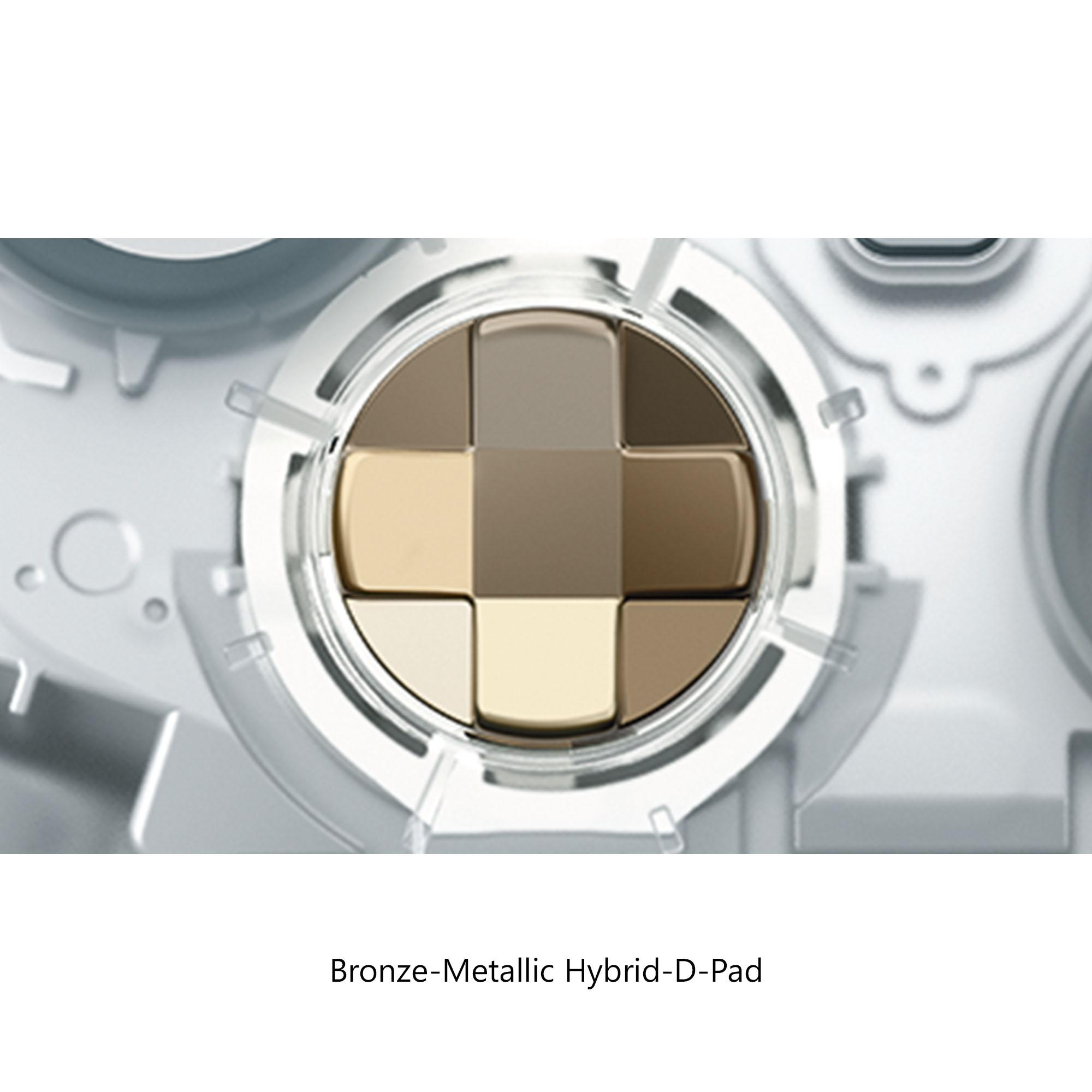 Nahaufnahme eines Bronze-Metallic-Hybrid-D-Pads. Das D-Pad befindet sich in einem transparenten Gehäuse.