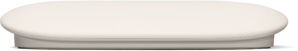 Een witte, ovaalvormige computermuis met een iets verhoogde basis.