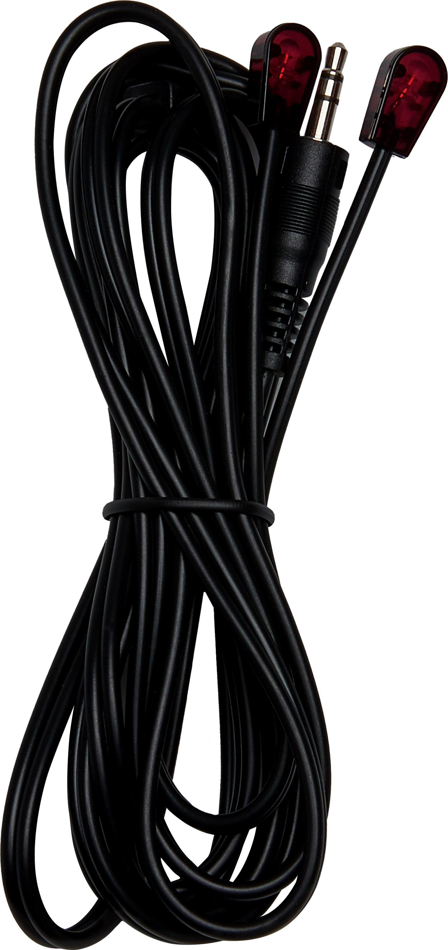 Schwarzes IR-Kabel mit zwei roten Infrarot-Emittern und einem 3,5-mm-Stecker.
