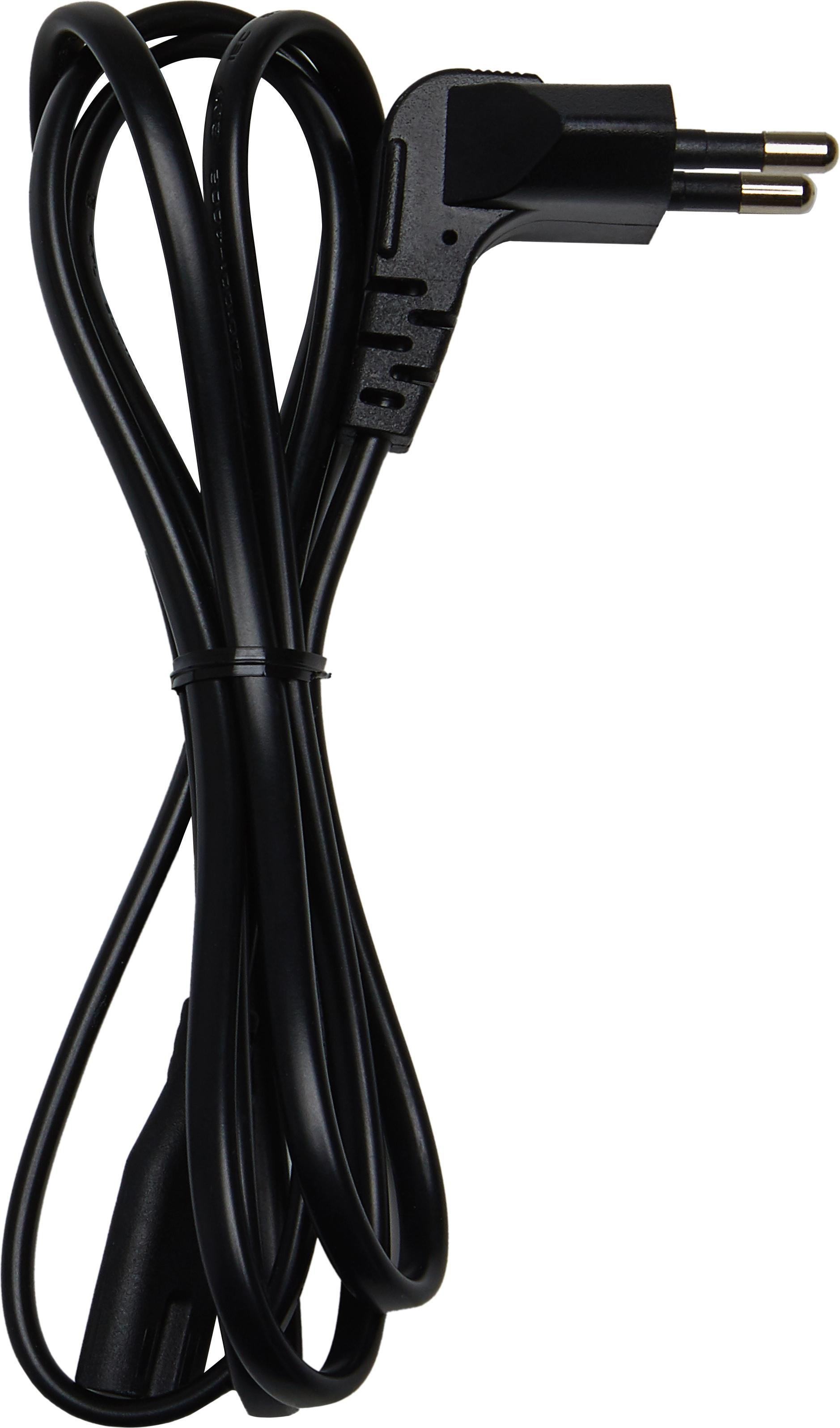 Schwarzes Netzkabel mit rechtwinkligem Stecker.