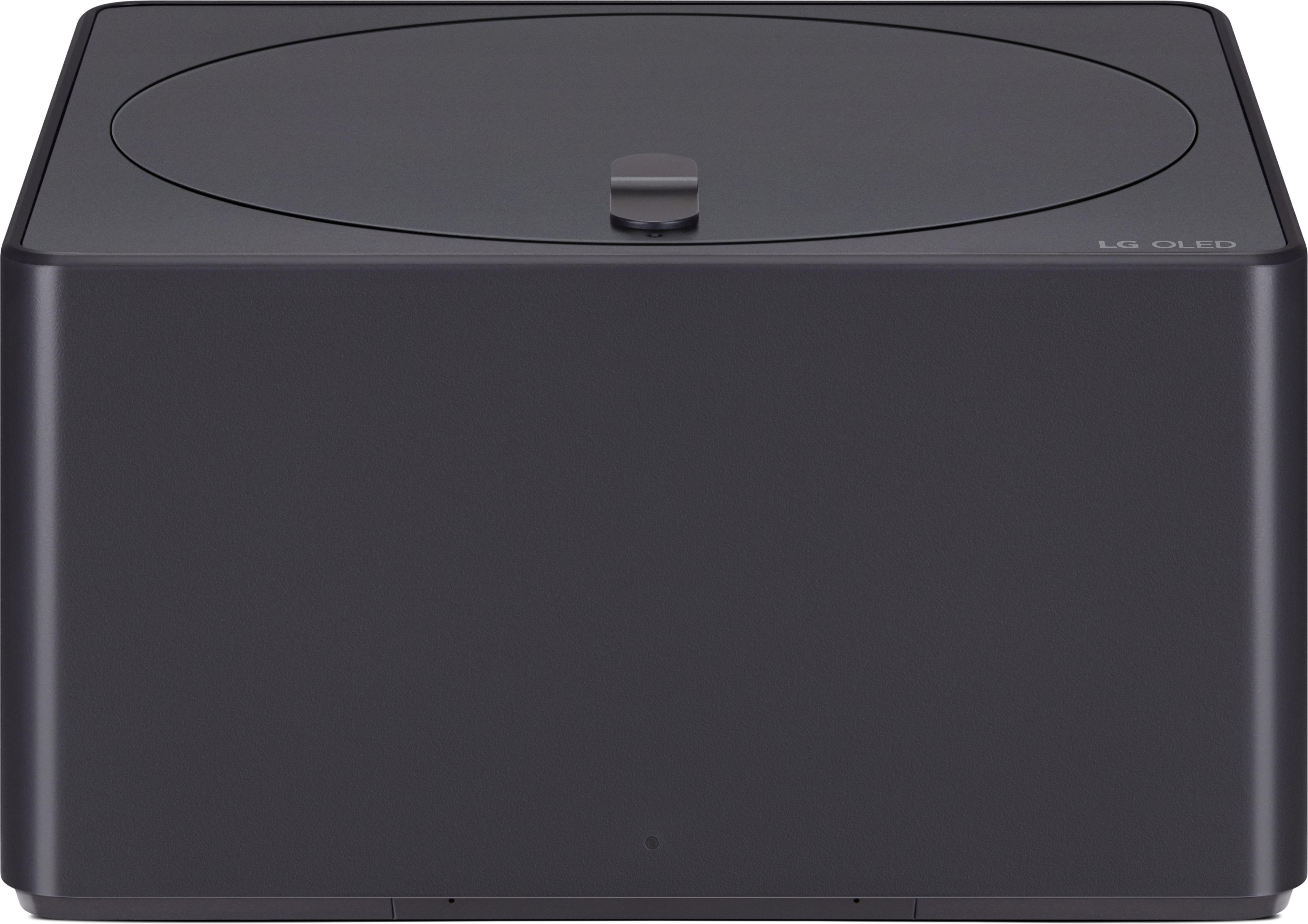 Dunkelgraue LG OLED-Box mit rundem Deckel. Der Deckel hat einen kleinen Hebel. LG OLED steht auf der Seite.