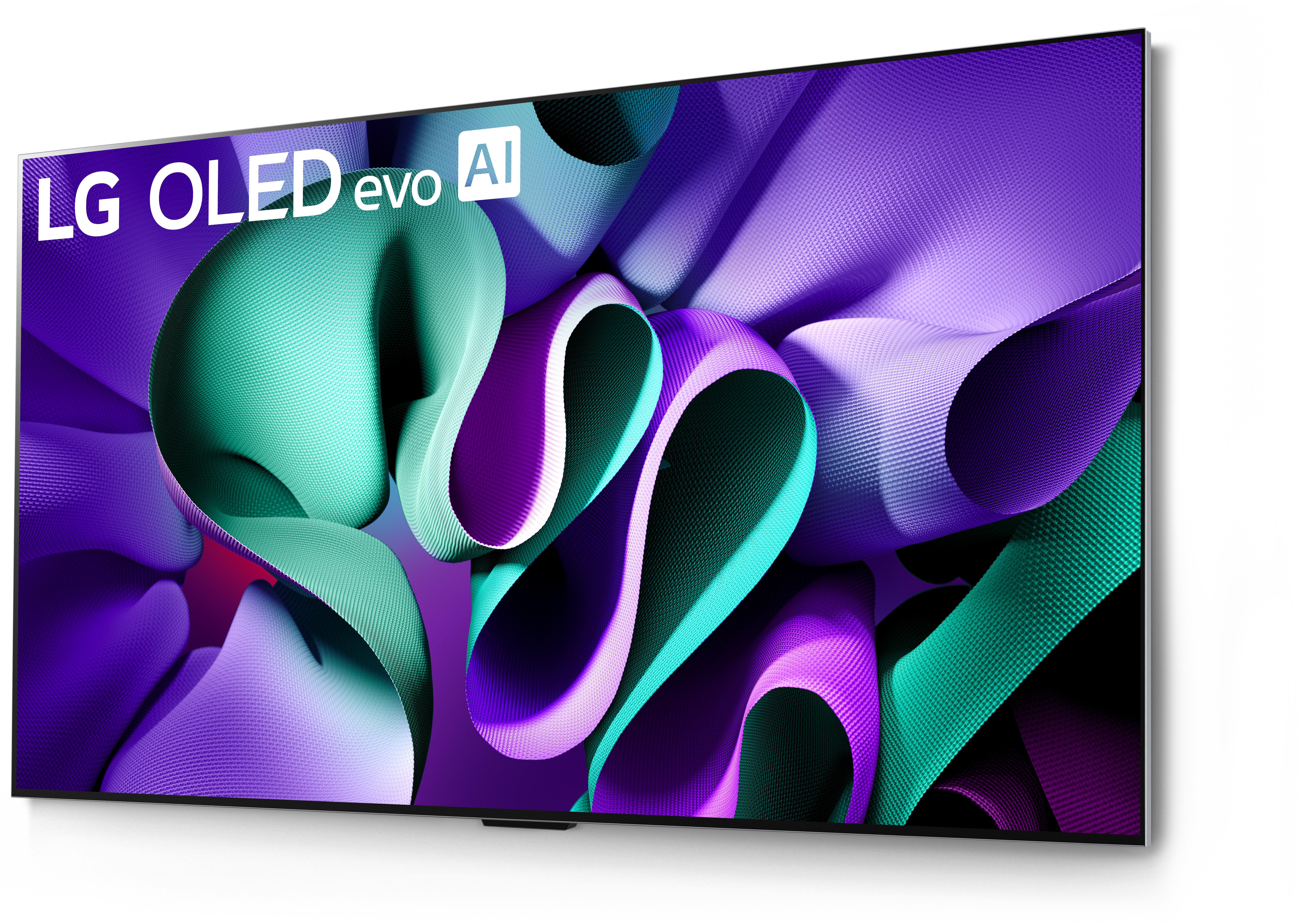 LG OLED evo AI Fernseher, zeigt abstrakten lila, türkis und grünen Hintergrund.