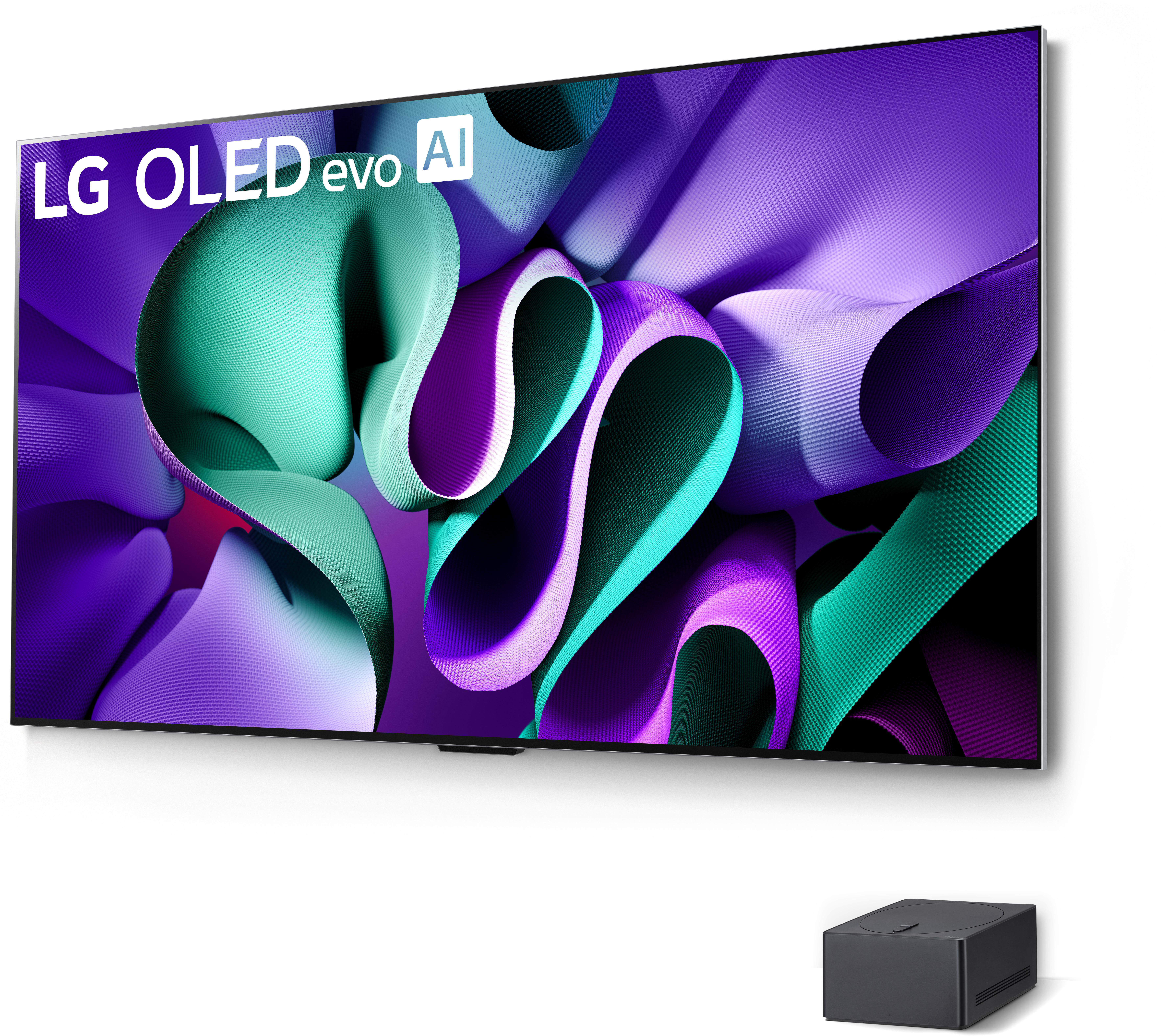 Großer LG OLED evo AI Fernseher an einer Wand montiert, mit schwarzer Box darunter.
