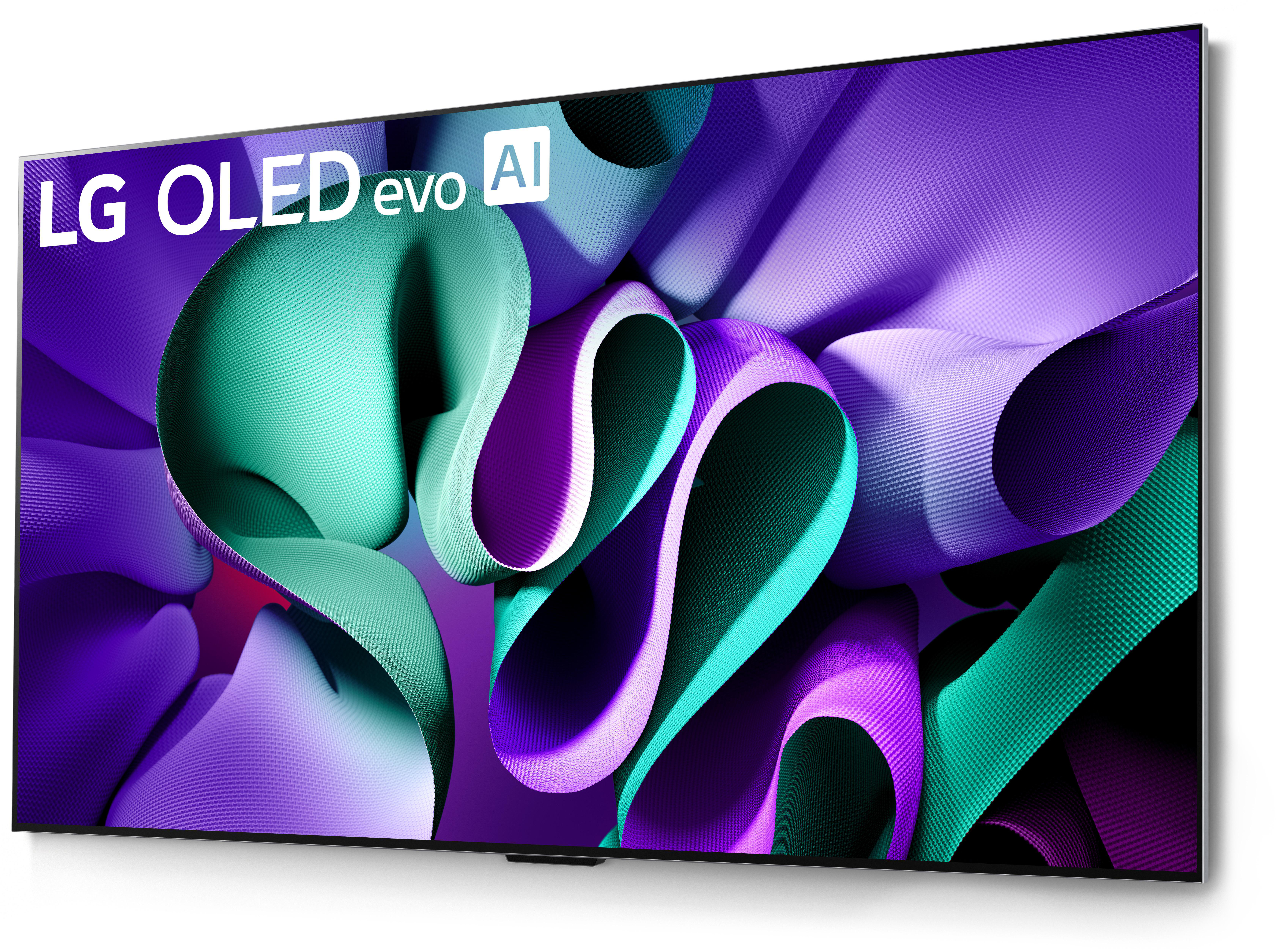 LG OLED evo AI Fernseher vor weißem Hintergrund. Anzeige zeigt abstrakte Formen in Lila und Türkis.