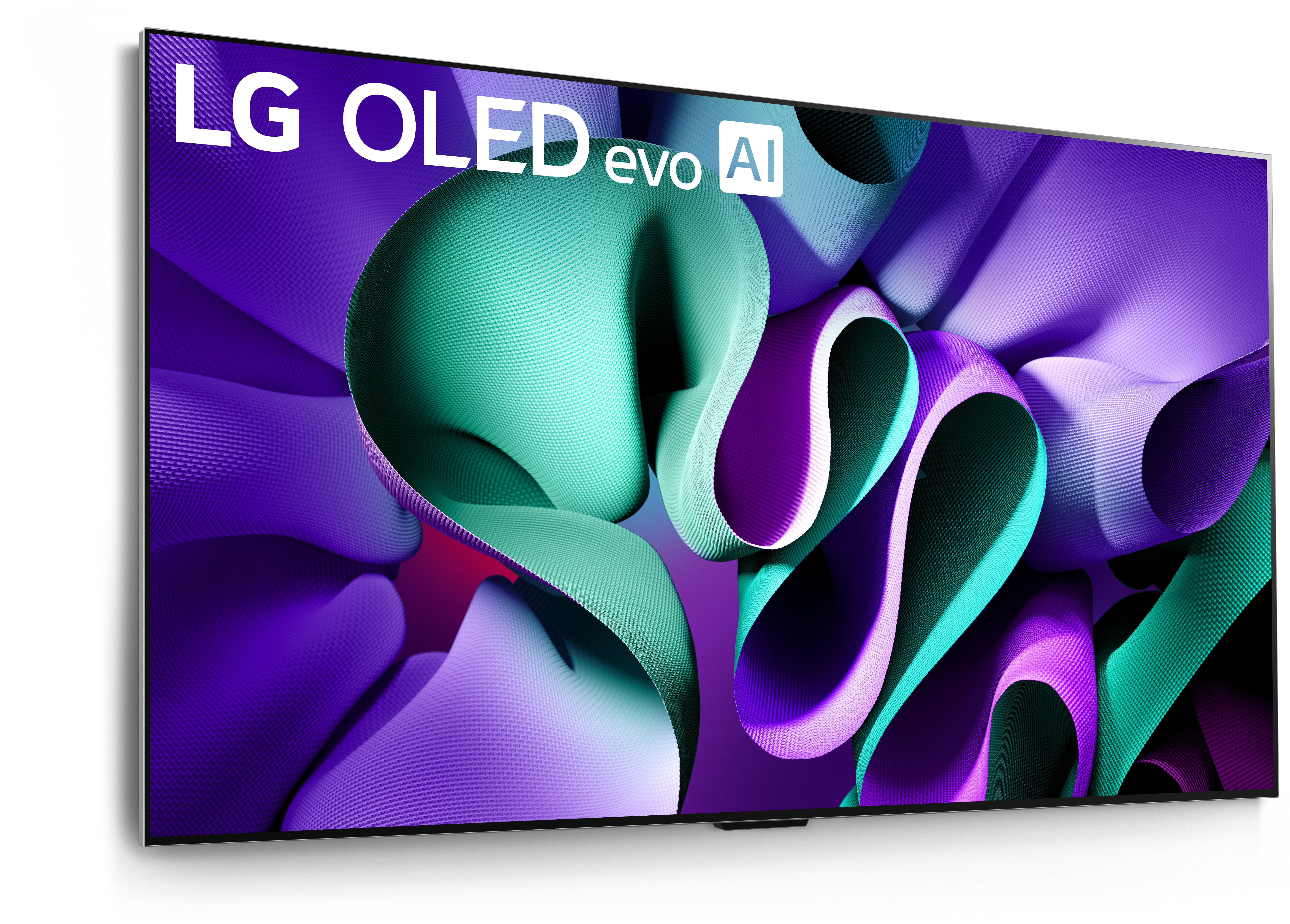 LG OLED-Fernseher zeigt einen Bildschirm mit einem farbenfrohen, abstrakten Design und dem Markenlogo.