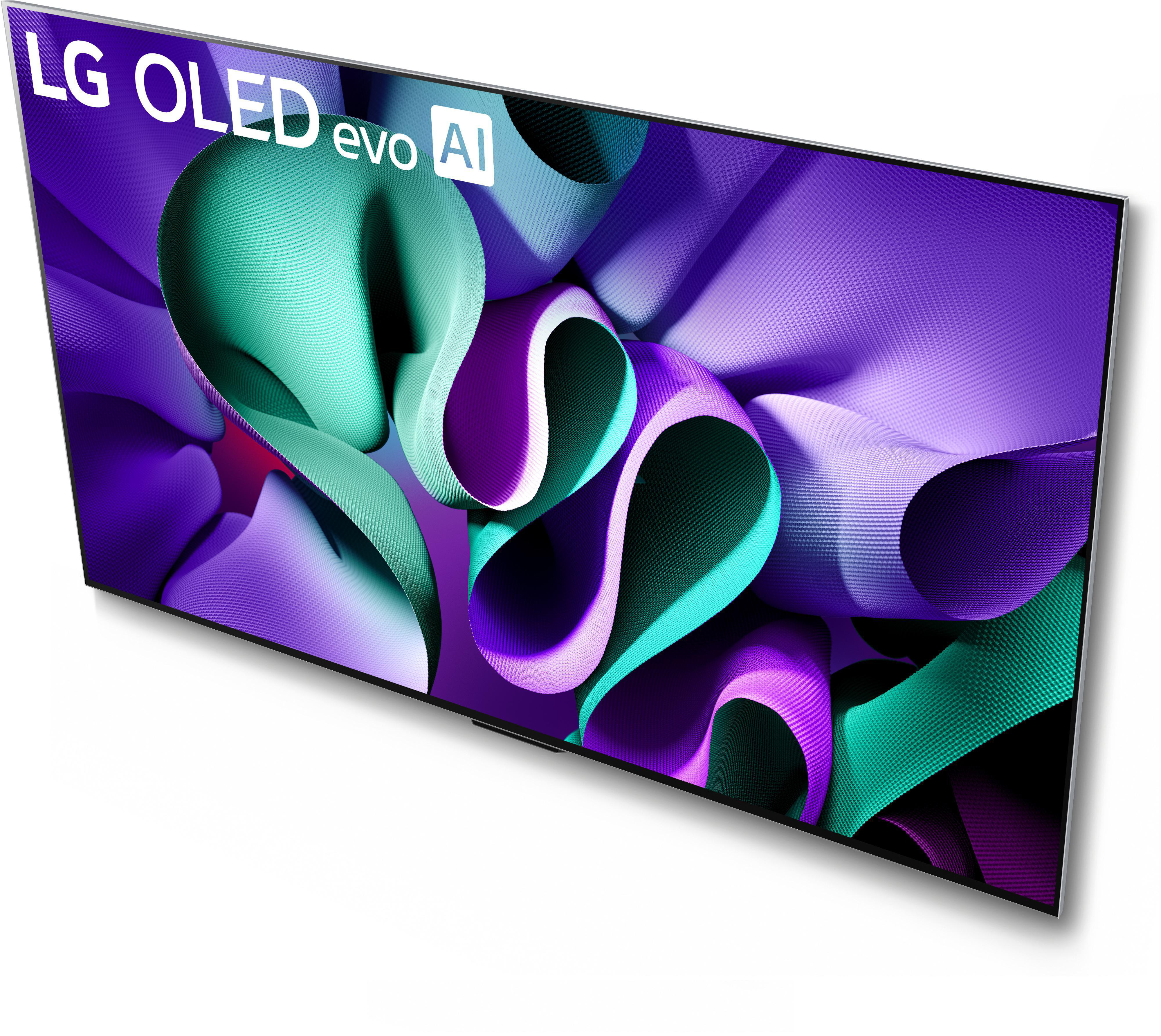 Ein großer, moderner Fernseher mit einem lebendigen, abstrakten Kunstbild auf dem Bildschirm.