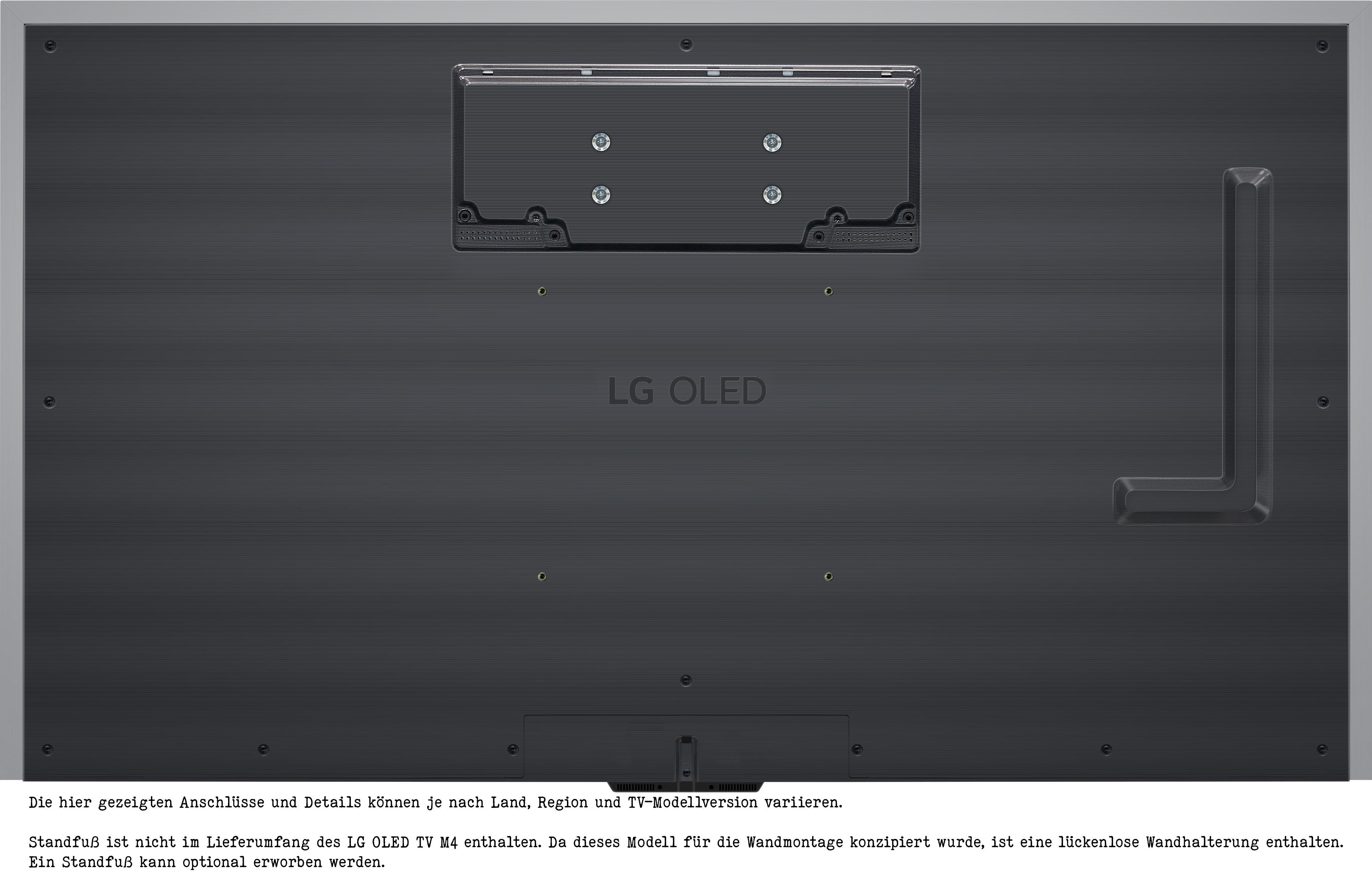 Rückseite eines großen schwarzen LG OLED-Fernsehers. Befestigungslöcher und Ständerbefestigung sichtbar.