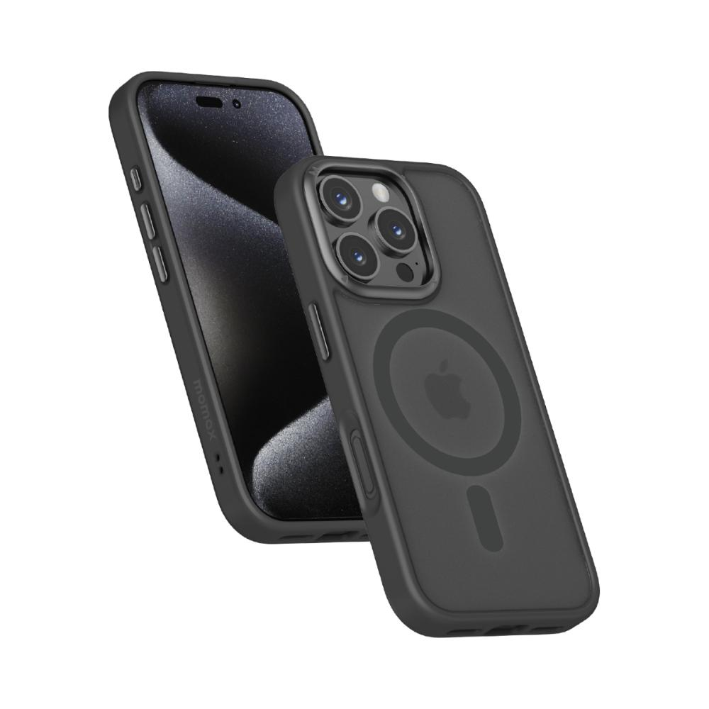Siyah telefon, siyah kılıf. Kılıfın arkasında dairesel bir tasarım var.
