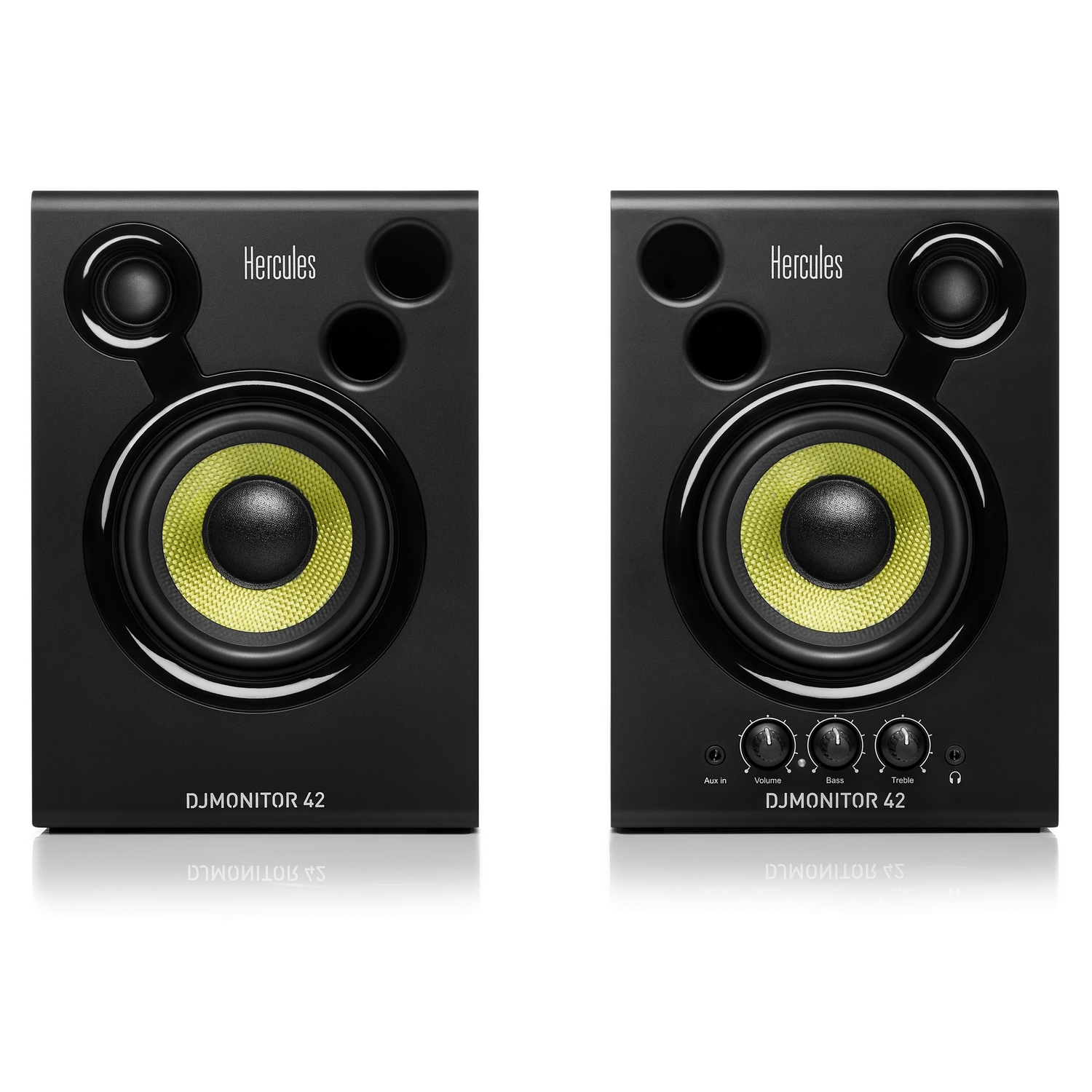 Two black DJMONITOR 42 speakers with yellow speakers and the Hercules logo. Volume, Bass, and Treble knobs are visible.