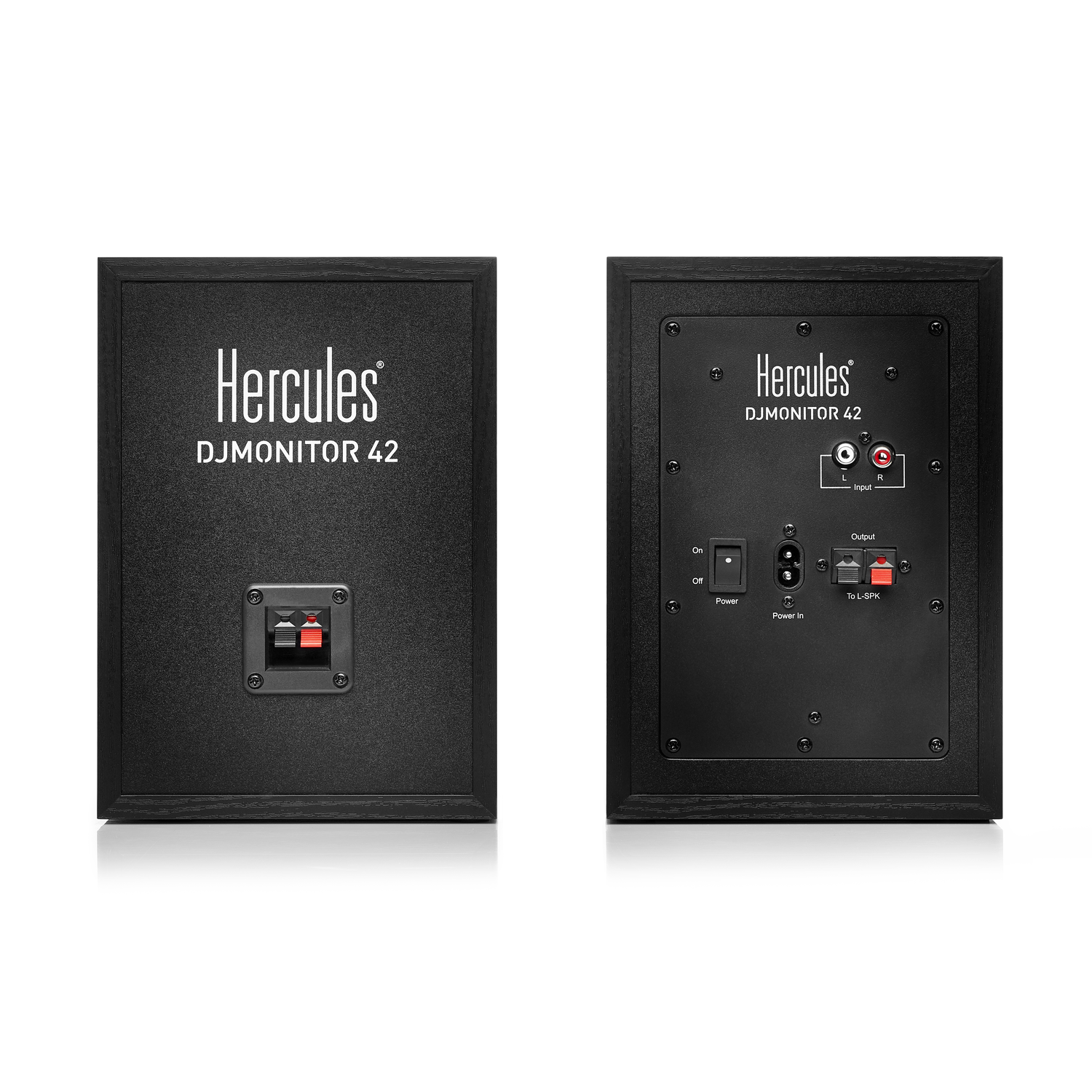 Two black Hercules DJMonitor 42 speakers. One front view, one rear view. Includes inputs, outputs, and power controls.