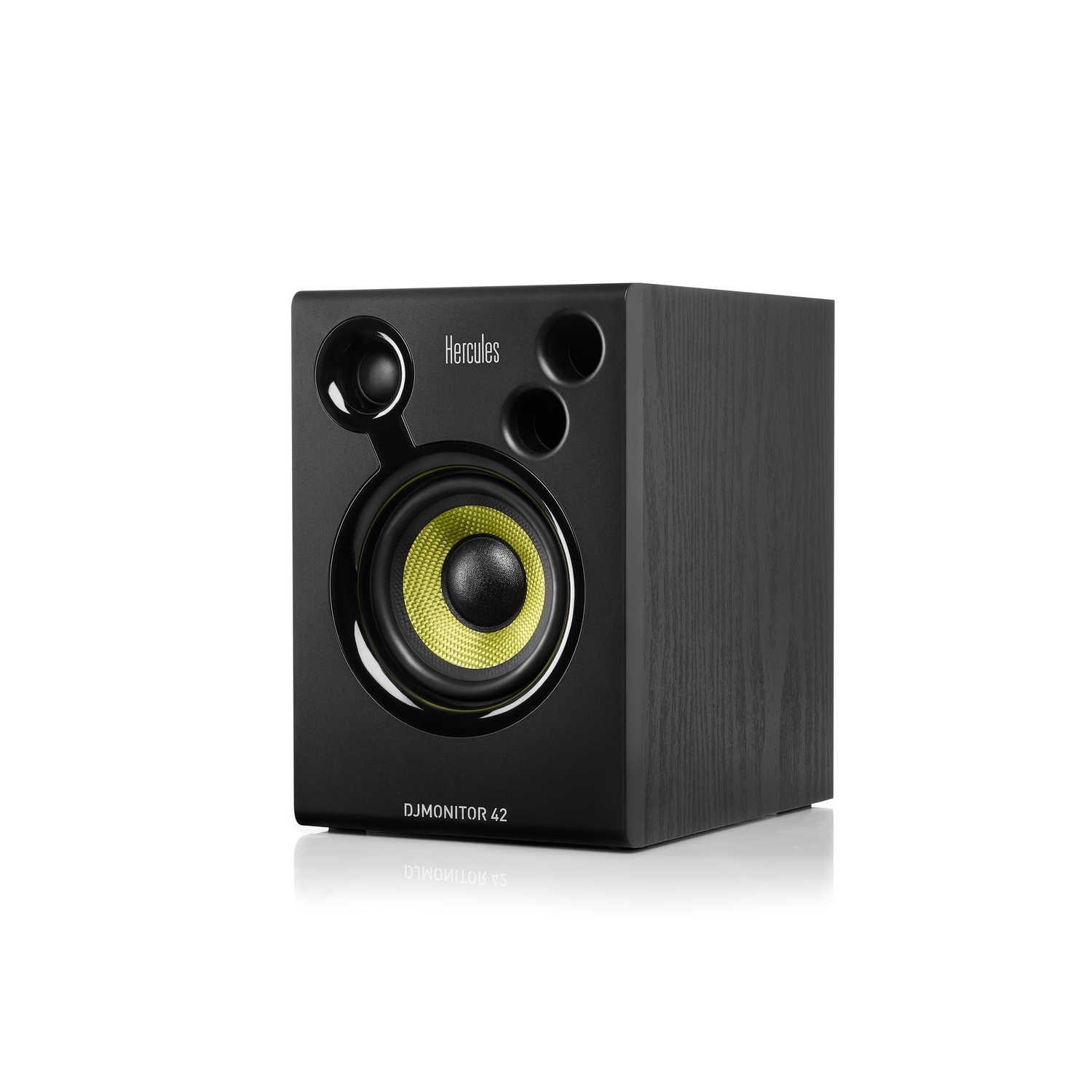 A black Hercules DJMONITOR 42 speaker with a yellow speaker cone and Hercules logo on a white background.