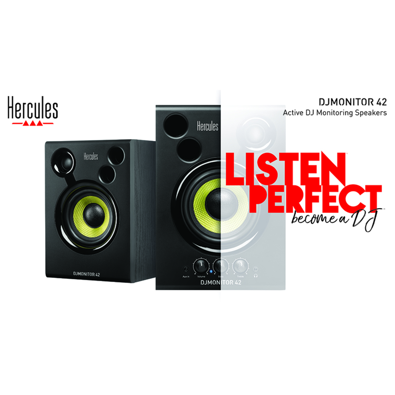 Two black Hercules DJMONITOR 42 speakers with yellow cones. Text reads: Listen Perfect, become a DJ.