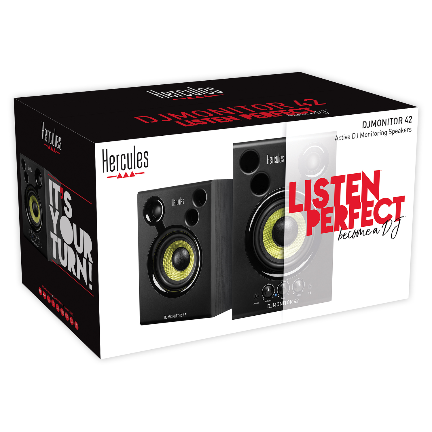 A box with two black Hercules DJ monitors. The box says 'Listen Perfect' and 'DJ Monitor 42'.