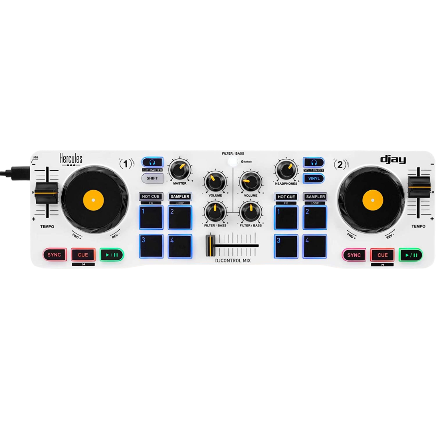 Een witte DJ-controller met zwarte draaitafels en knoppen.