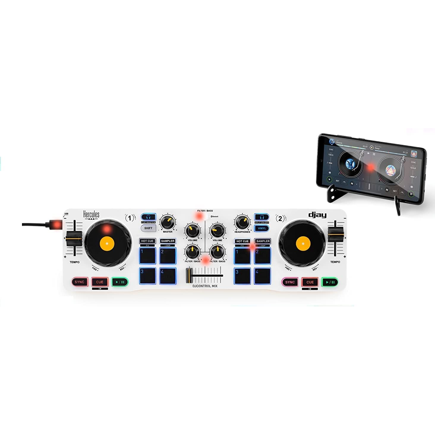 DJ-controller met een smartphone die de muziekinterface weergeeft.