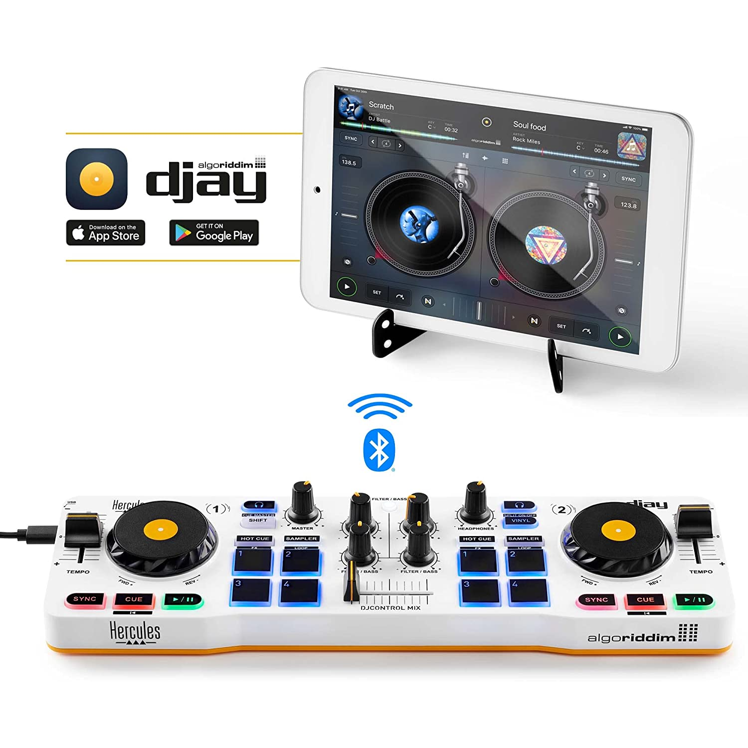 DJ-controller met tablet die DJ-software-interface toont.