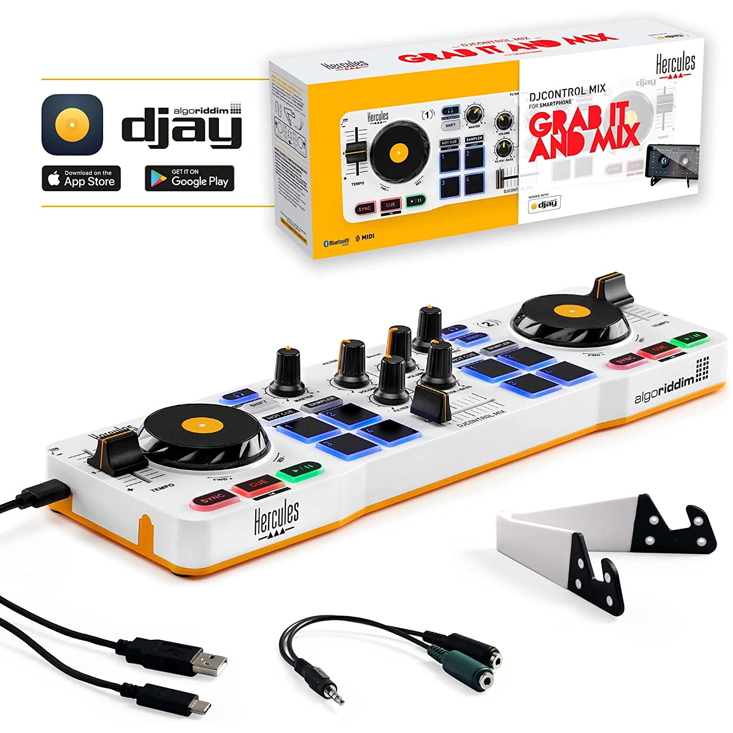 DJ-controller met een wit en geel ontwerp. Voorzien van knoppen, knoppen en twee bedieningspads. Doos en kabels zijn afgebeeld.