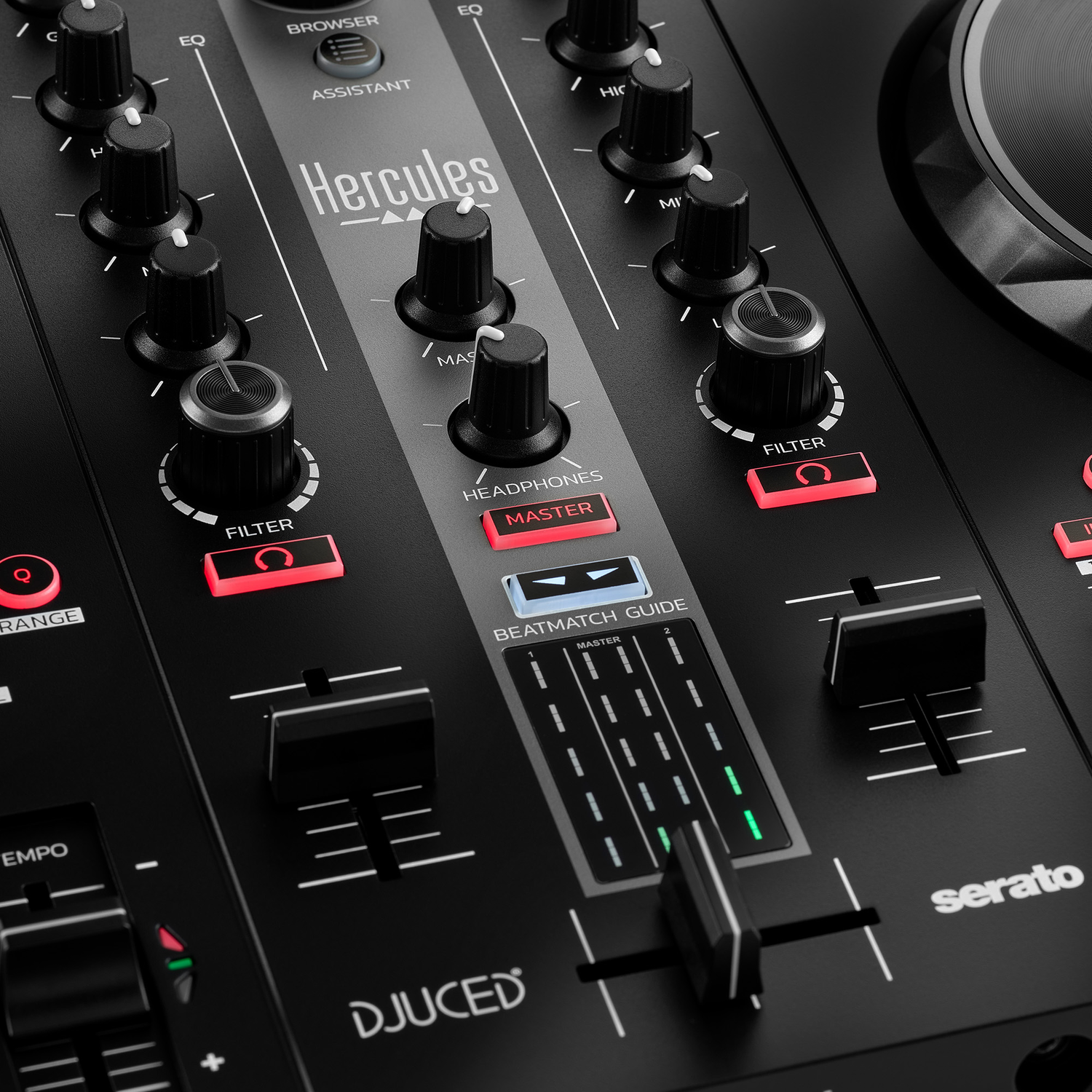 DJ mixer with many knobs, faders and buttons. Includes Serato and DJUCED logos.