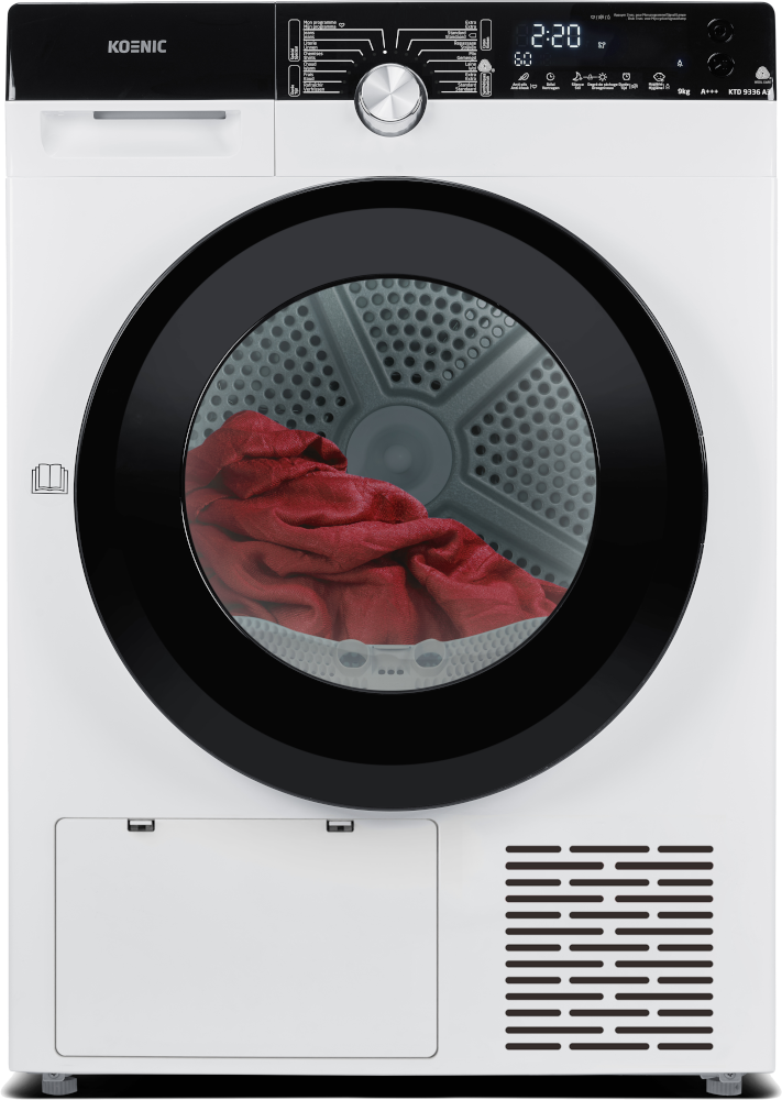 Witte Koenic droger met zwarte deur, rode kleding binnenin. Witte achtergrond.
