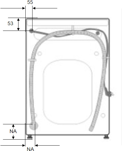 Technische tekening van de achterkant van een apparaat met afmetingen.