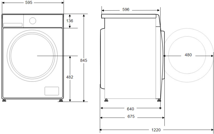 Technische tekening van een wasmachine, met afmetingen en aanzichten.