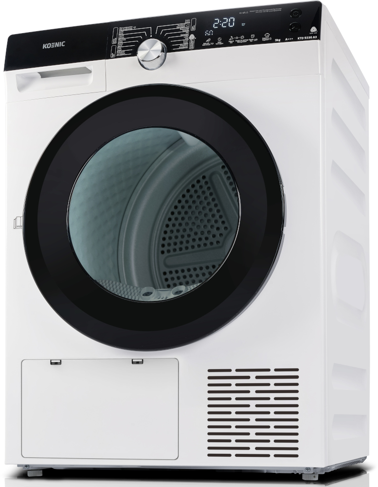 Witte Koenic wasmachine met zwarte deur, bedieningspaneel en ventilatie, schuine weergave.