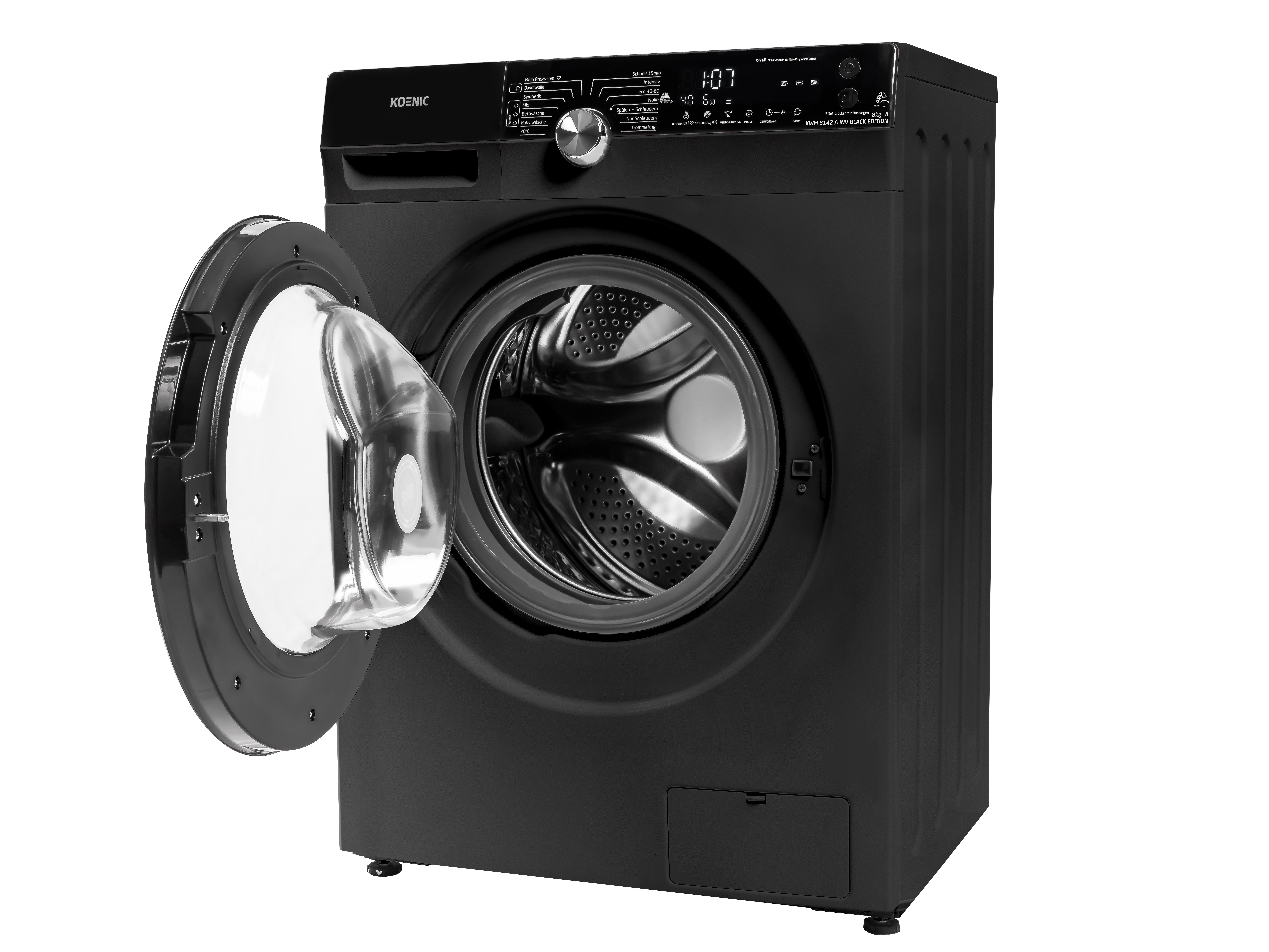 Eine schwarze Waschmaschine mit offener Tür. Die Maschine hat ein Bedienfeld und ein rundes Fenster.
