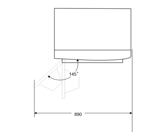 Diagramm zeigt einen Schrank mit Maßen. Ein Winkel von 145 Grad ist angegeben. Die Breite beträgt 890. Es gibt eine Stützstruktur.