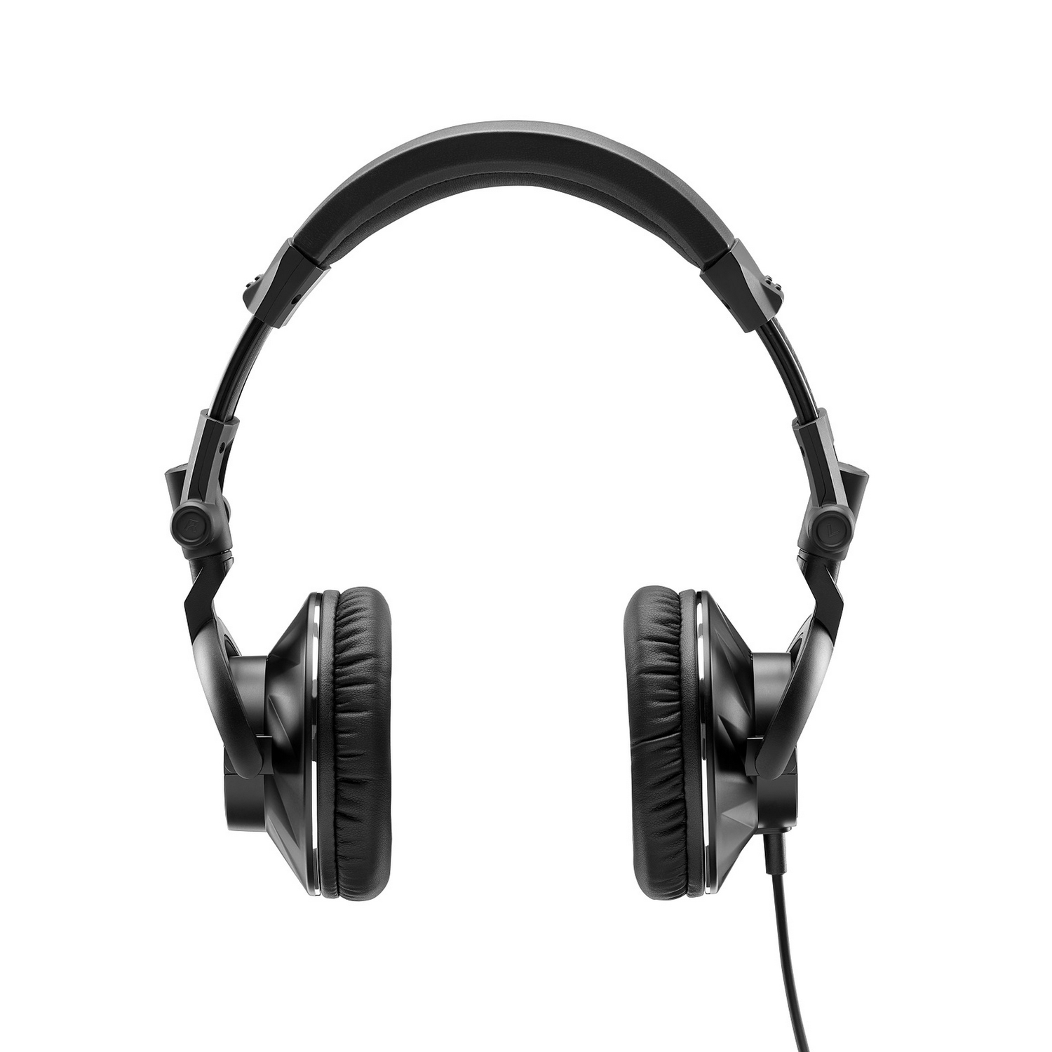 Black headphones with soft ear pads, a top band, and a cable, against a white background.