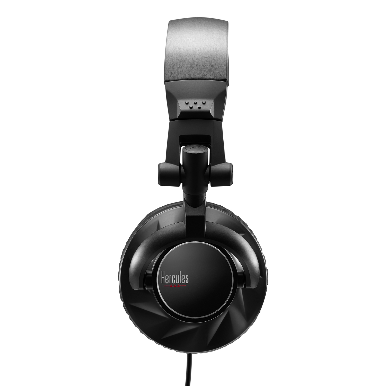 Black Hercules DJ headphones, front view. The headphones have a padded headband and circular earcups with the brand name on them.