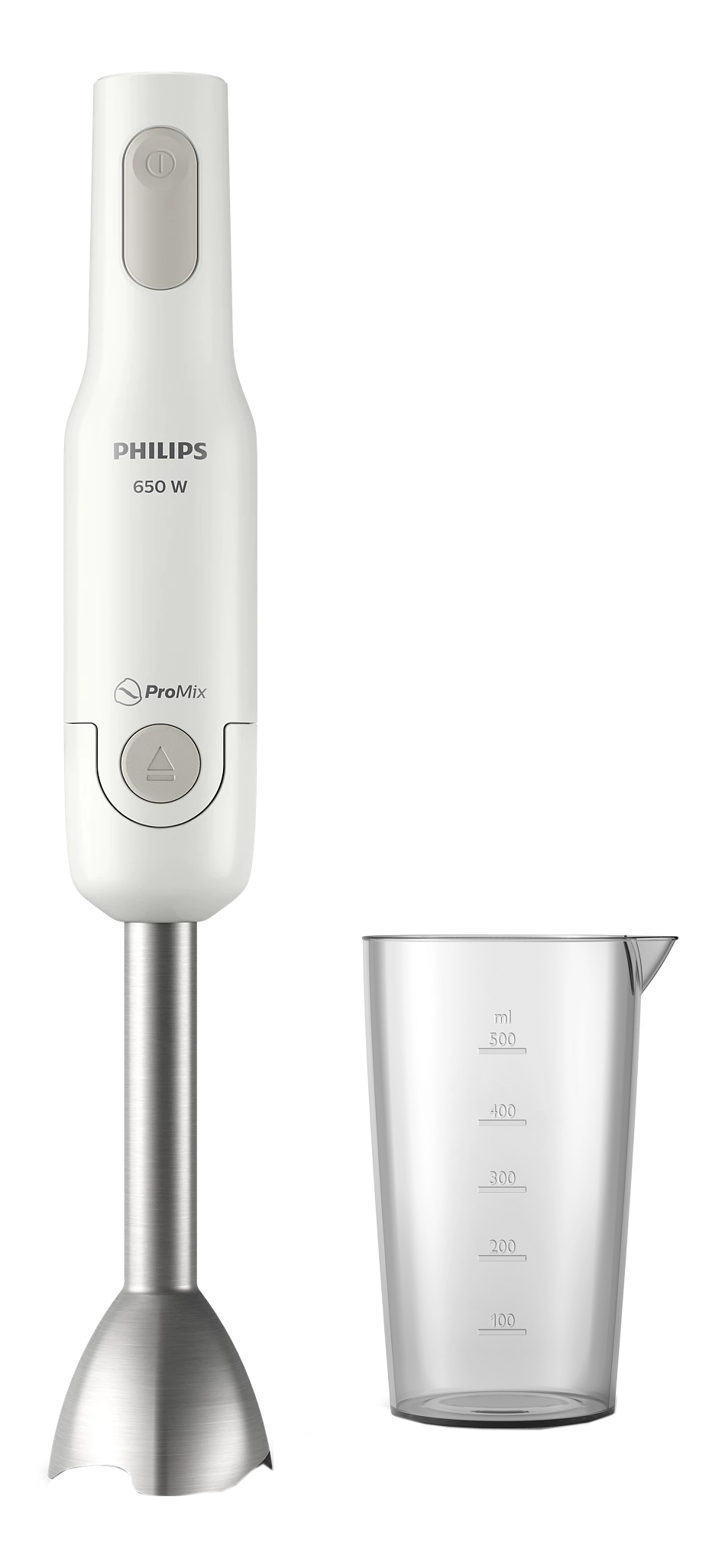 Weißer Philips Stabmixer mit Edelstahl-Mixkopf und Knopf.