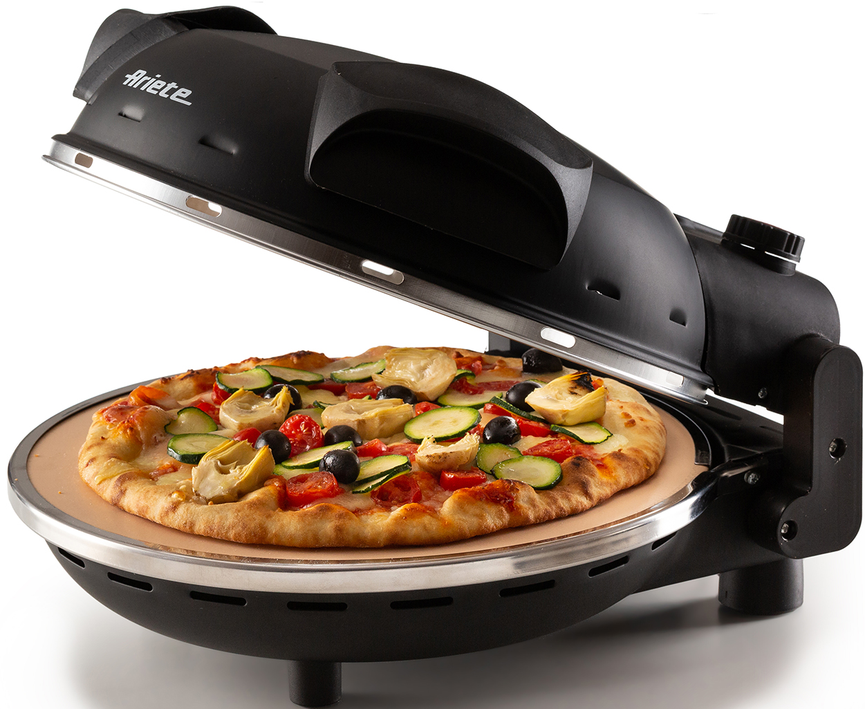 Pizza dans four noir Ariete. Garnitures visibles. Couvercle du four ouvert.